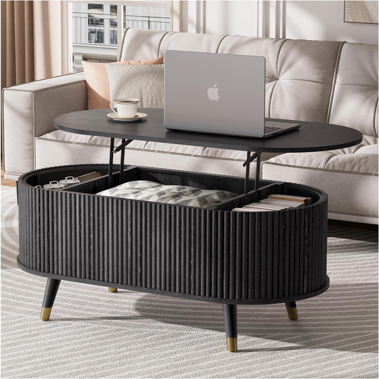 JOINICE 42.5" Oval Lift Top Coffee Table with Storage,Modern Black Center Table with Fluted Design, Solid Wood Legs & Hidden Compartment, Pop Up Coffee Table for Living Roomm