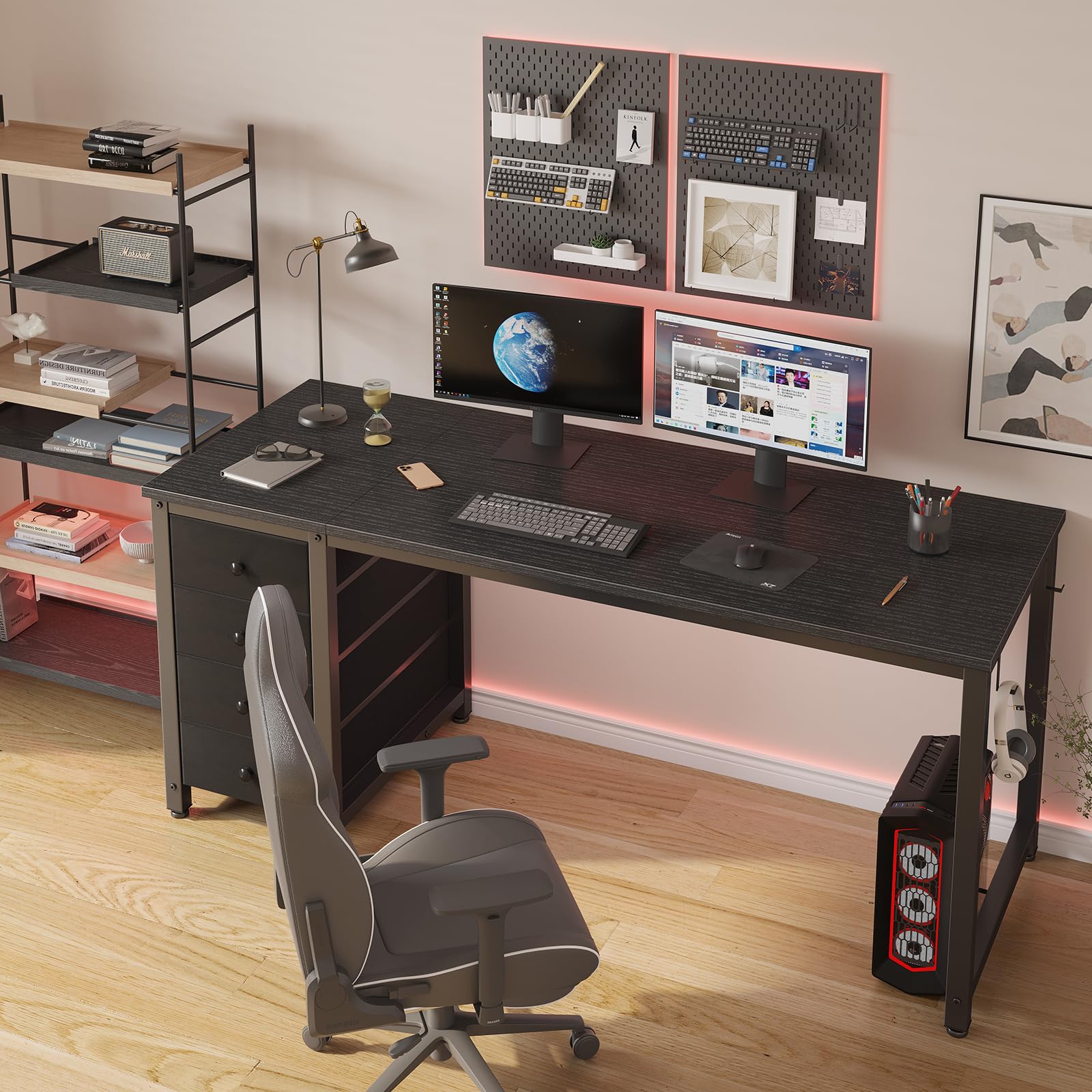 Lufeiya Small Gaming Desk with 4 Fabric Drawers, 40 Inch Kids Girls Teen Cute Study Desk for Bedroom, Reversible Work Computer Writing Table Desks for Small Space Home Office, Black: Black 55.1"