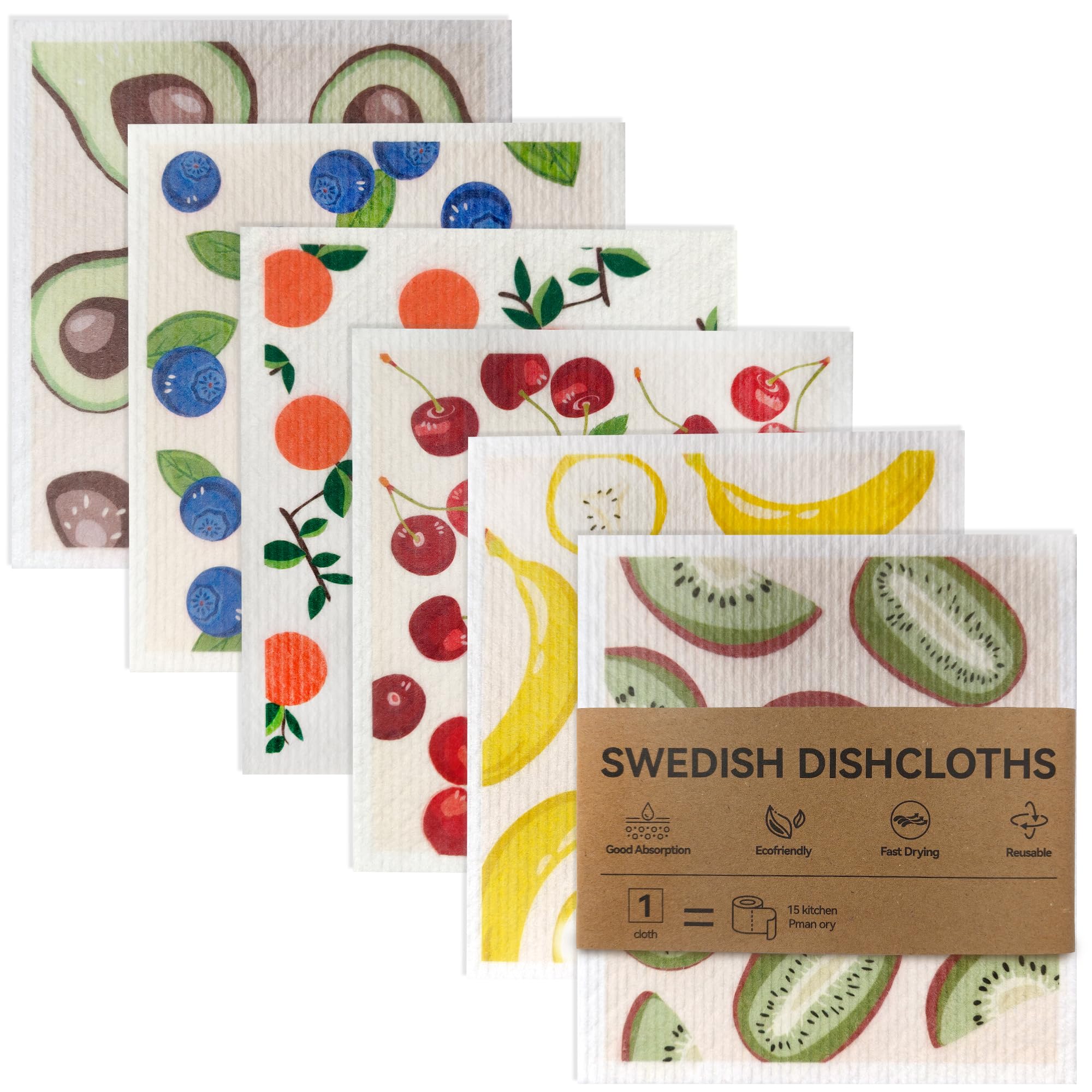 Swedish Dishcloth 6PCS Set, Reusable Dish Cloths for Washing Up, Super Absorbent Cleaning Cloths, Biodegradable Kitchen Use, Fruit Pattern Sponge Alternative for Dishes and Surfaces