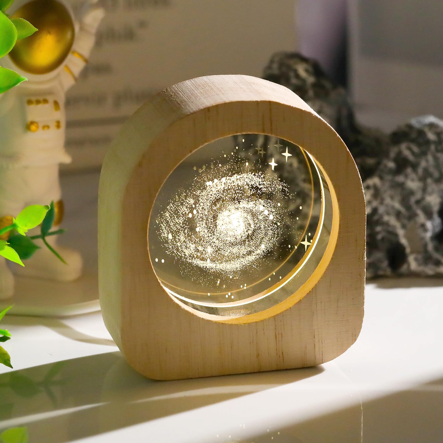 Ornalrist 3D Galaxy Planet Crystal Engraved Wood Night Lights, Astronomy Galaxy Lamps Gifts for Women Men Astronomy Lovers Science Space Universe Home Decor