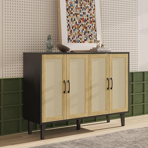 Miniatura 2 de Kopuity Armario de almacenamiento con ribete de ratán, aparador de 4 puertas con almacenamiento, armario decorativo con estantes para baño,