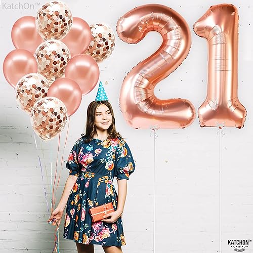 Miniatura 3 de KatchOn, Globo grande de oro rosa con el número 21, 40 pulgadas, decoraciones de cumpleaños 21 para niñas, globo de oro rosa con globos de confeti,