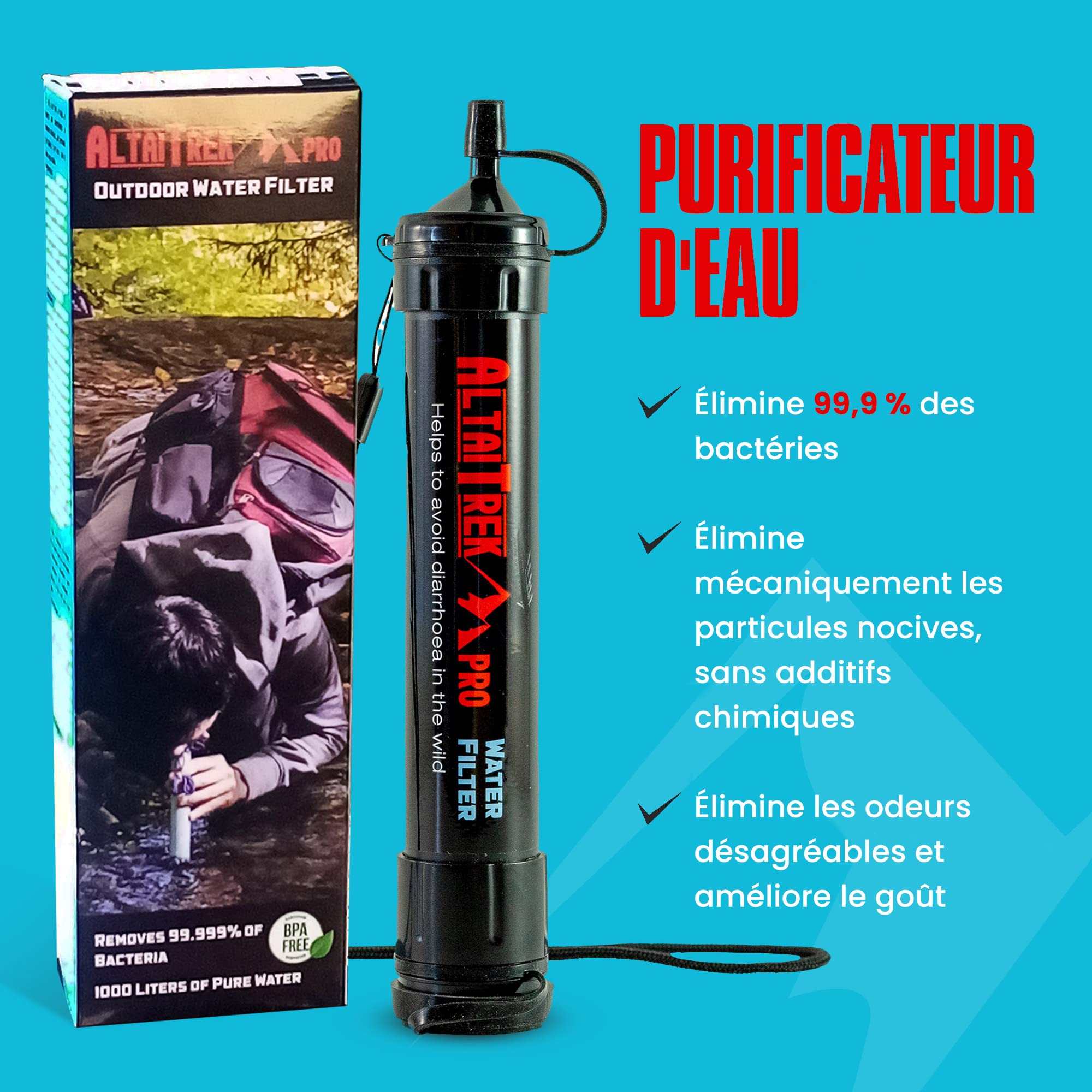 Paille filtre eau | Appareil purification filtrante | Utile pour les urgences et survie, activités plein air, camping, randonnée | Purificateur | Élimine 99% des bactéries | Deux pièces