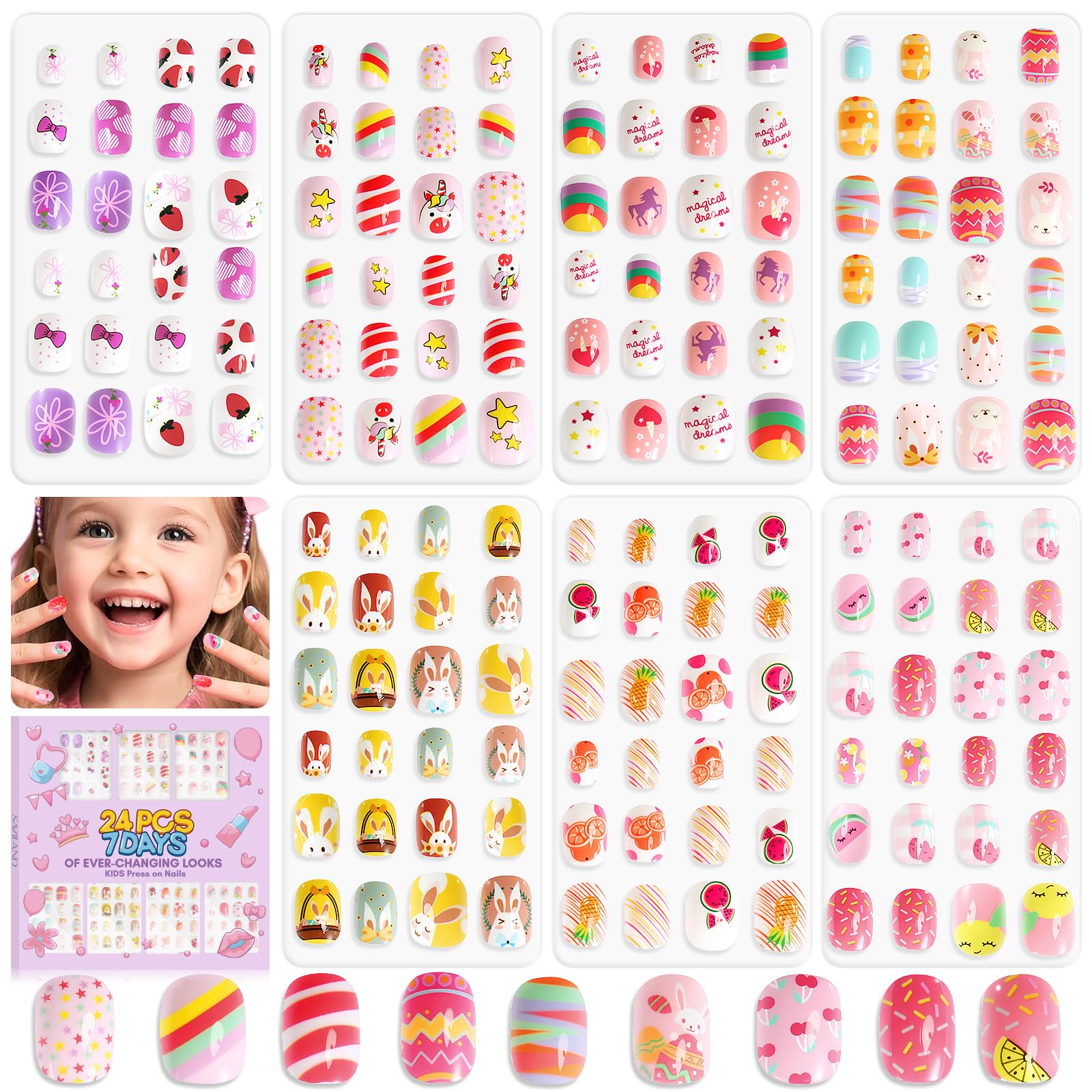 168Pcs 7 Pack SAVILAND Press on Nails for Kids: Funky-bright Fake Nails for Kids 8-12 Pre-Glue Full Cover Sparkly Color Fruit Animal Stick on Nails