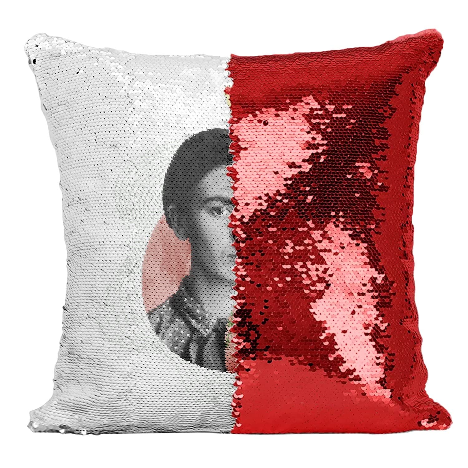Coussin sequin paillettes rouge femme fleurit collage art