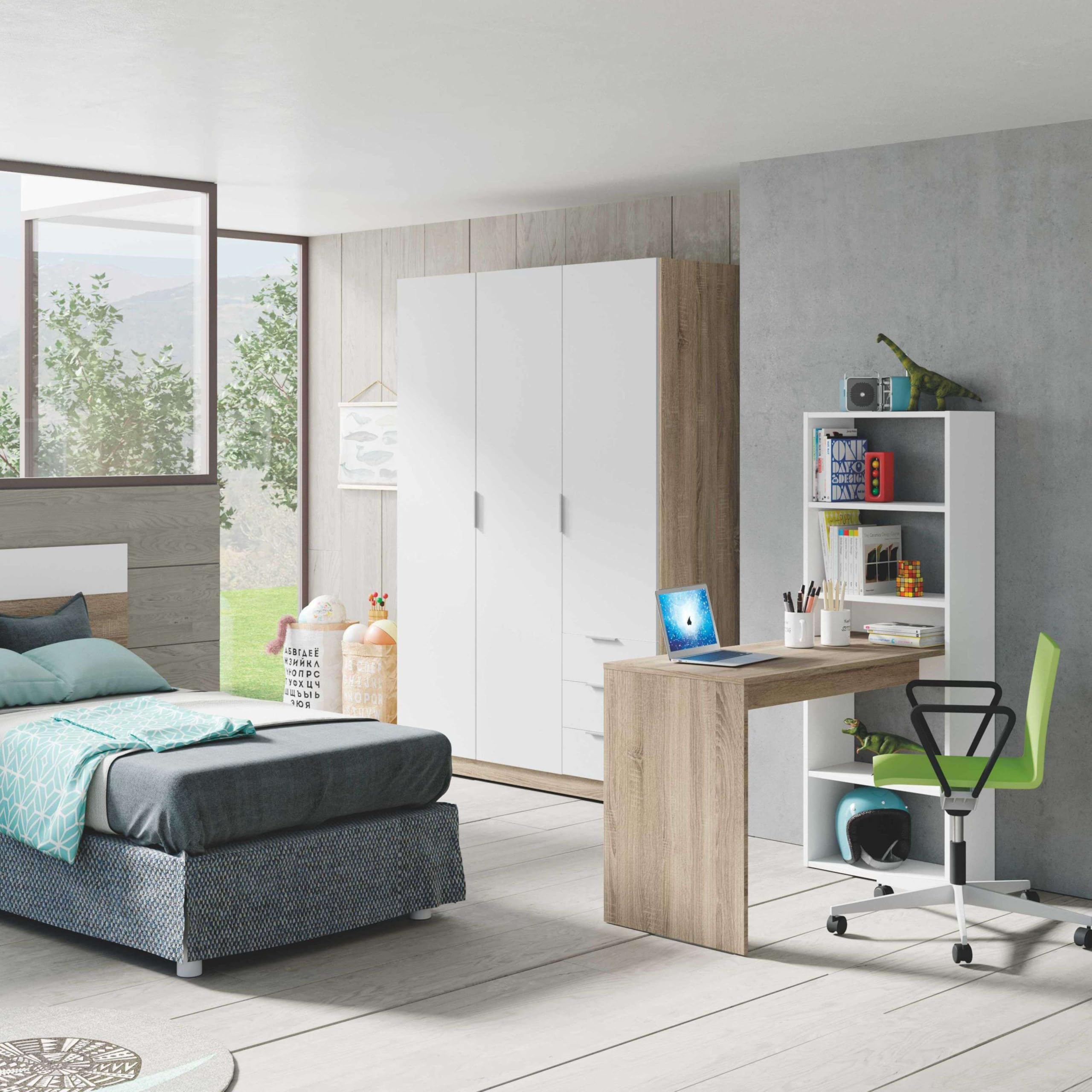 Habitdesign Escritorio con Estanteria Reversible, Mesa de Ordenador, Blanco Artik y Roble Canadian, Modelo Duplo, Medidas: 120 cm (Ancho) x 53 cm (Fondo) x 144 cm (Alto)