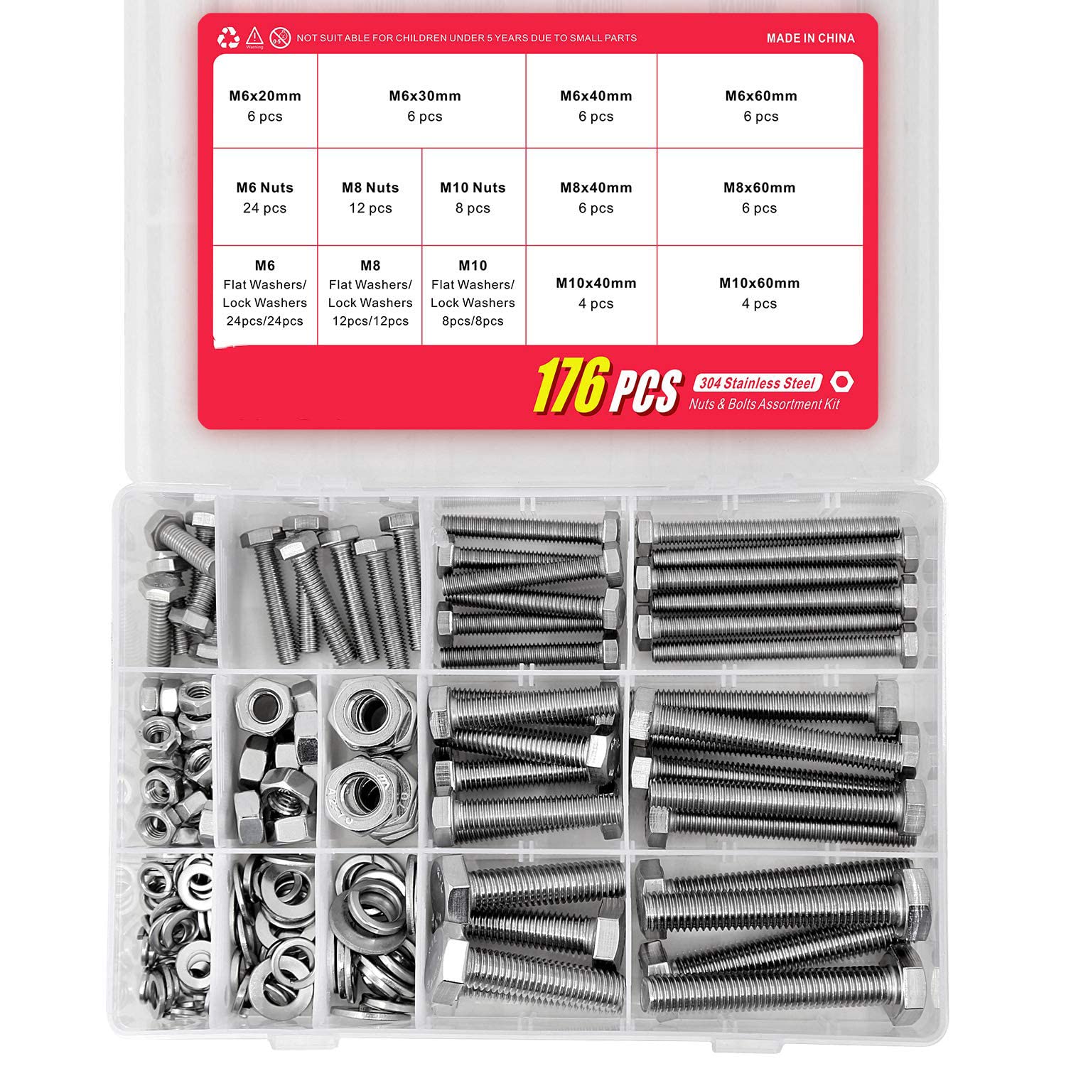 MAKINGTEC 176 Pieces M6 M8 M10 Heavy Duty Bolts and Nuts Assortment Kit, 304 Stainless Steel, Includes 16 Most Common Sizes, stainless steel hex head bolt with nut and flat spring washer
