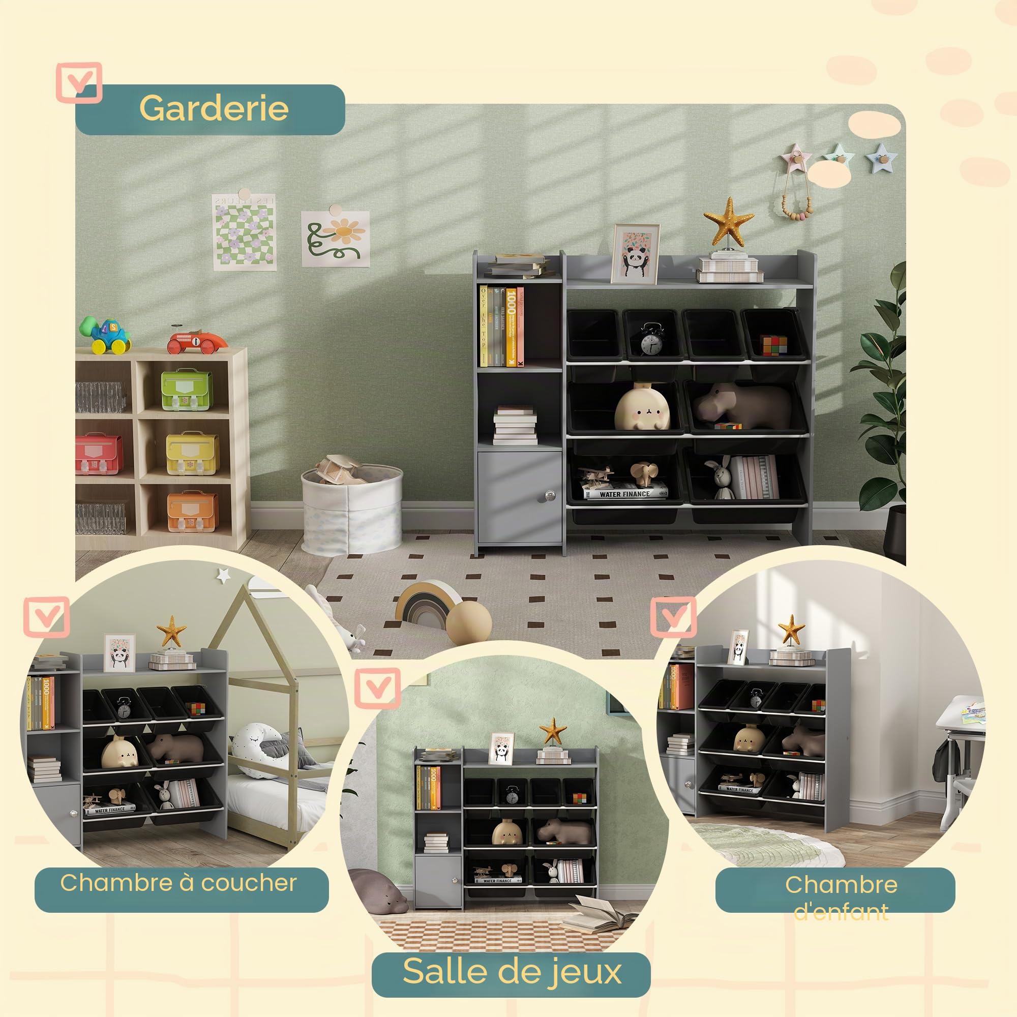 AIYAPLAY Meuble de Rangement pour Jouets, avec 8 bacs Amovibles, étagères de Rangement, Armoire, Organisateur de Jouets, pour Salle de Jeux, Chambre d'enfant, crèche, Gris