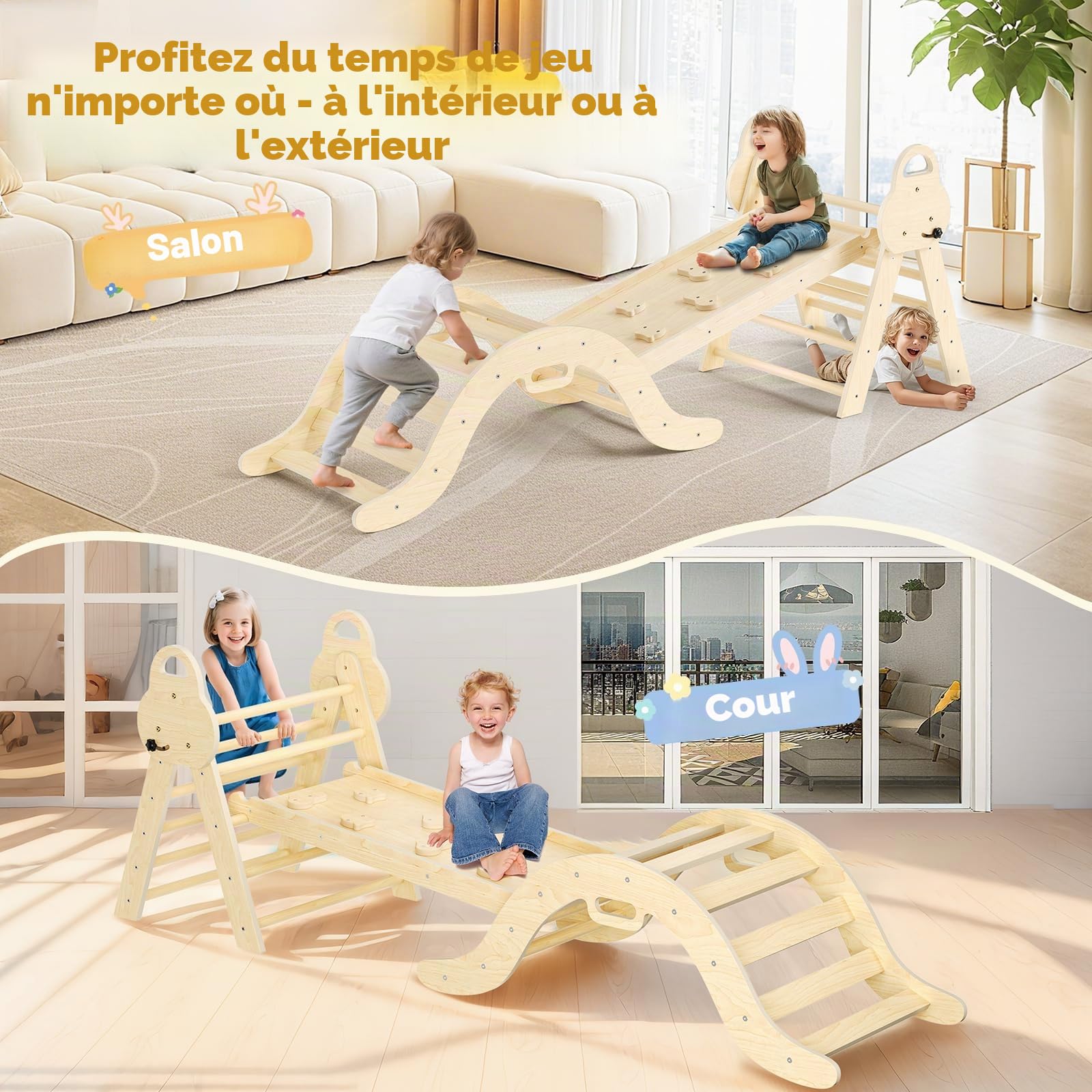 Kit de portique d'escalade Montessori 7 en 1 : triangle d'escalade d'intérieur, arche d'escalade avec coussin et toboggan, jouet d'escalade en bois, structure d'escalade pour 1 à 5 ans (3P avec