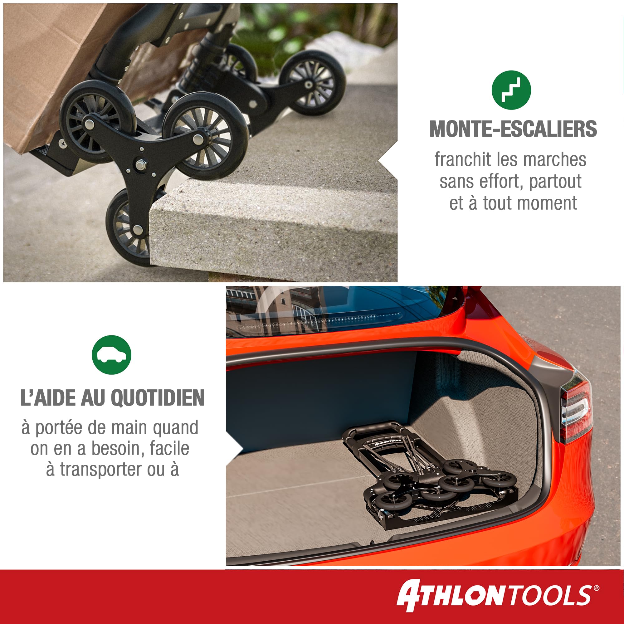 ATHLON TOOLS Diable Pliable en Aluminium avec Patins antidérapants TÜV GS-certifié- Roues avec Surface de roulement Douce - avec 2 Cordes d'expansion - modèle 2025
