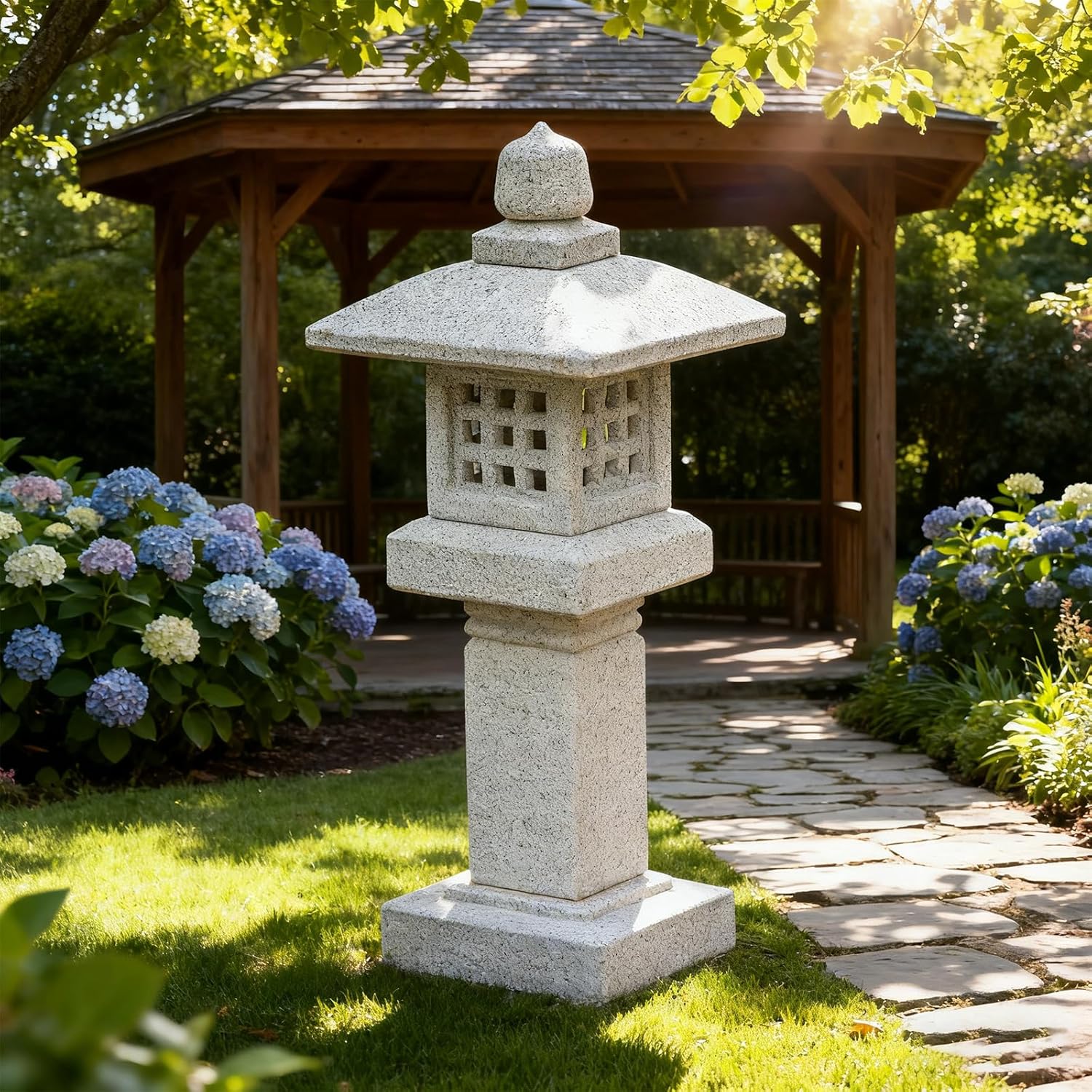 Natural Granite Stone Lantern, Japanese Garden Pagoda, Handcrafted Traditional Stone Lantern, Suitable for Garden, Patio, Zen Landscape Decor (Height 25 x Width 10 inches)