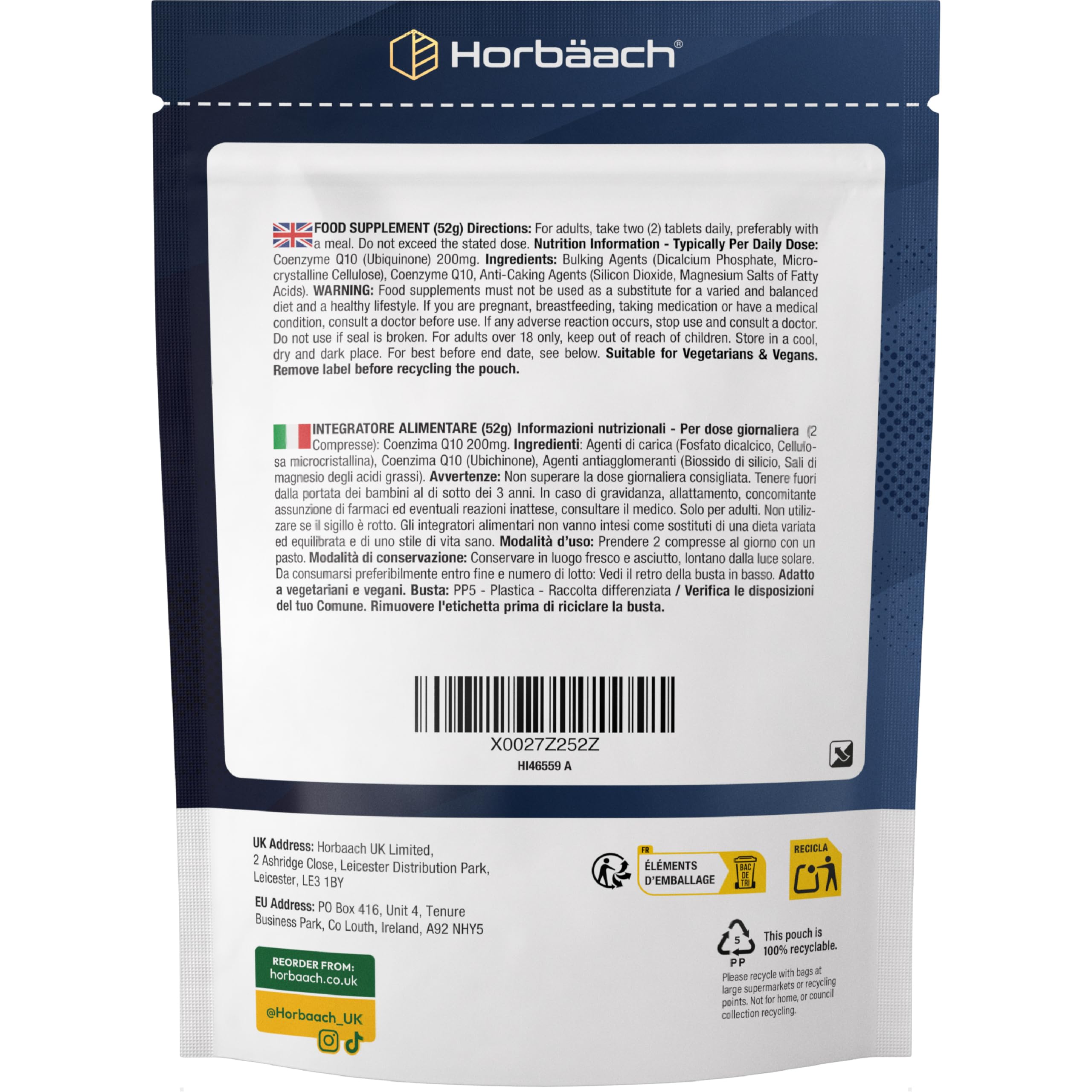 Coenzima Q10 200mg | CoQ10 200mg | 120 compresse | Adatto a vegetariani e vegani | Horbaach