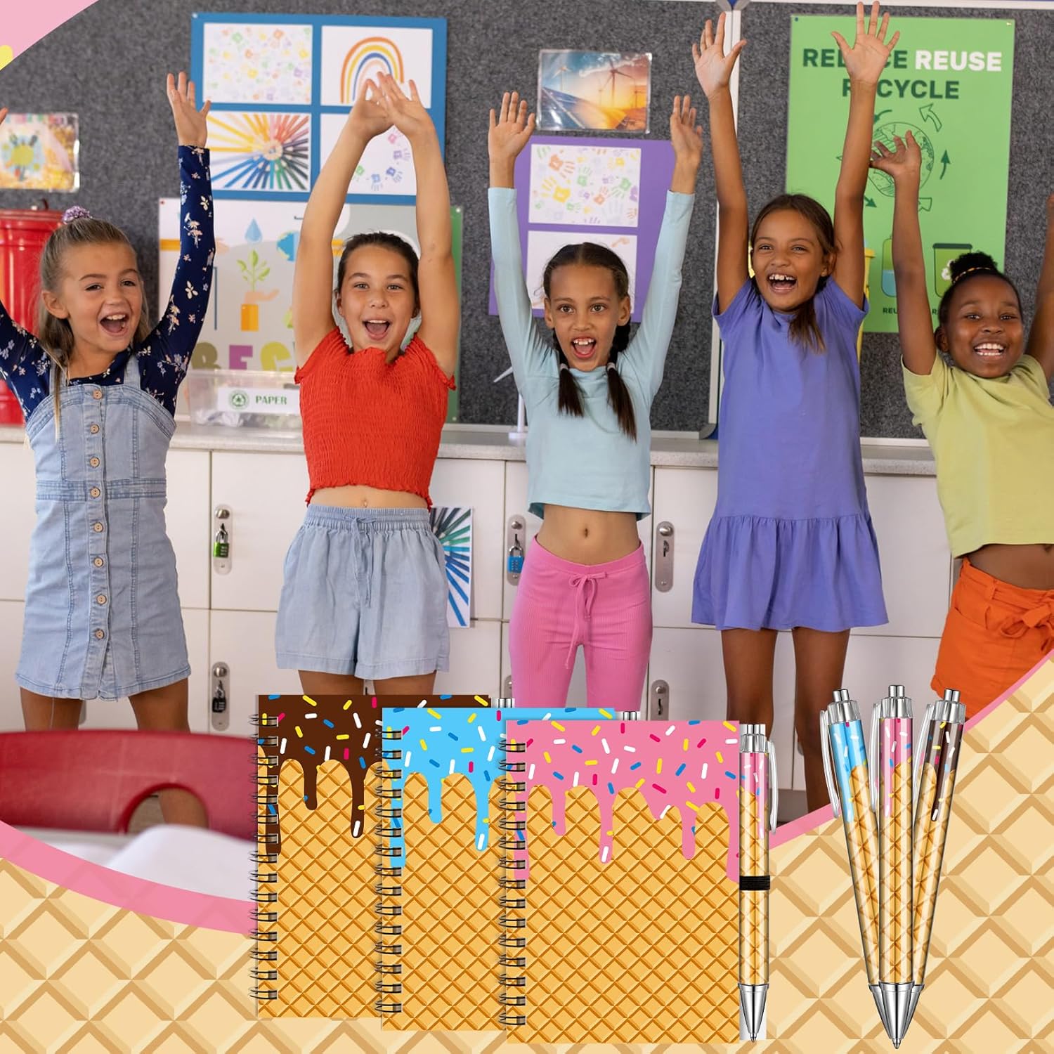 Resurhang 12 Sets Summer Ice Cream Party Favors 12 Pcs Colorful Notepads 12 Pcs Ice Cream Pens Summer Graduation Notebooks Pens 2026 End of The Year Gifts Bulk for Birthday Party Office Supplies