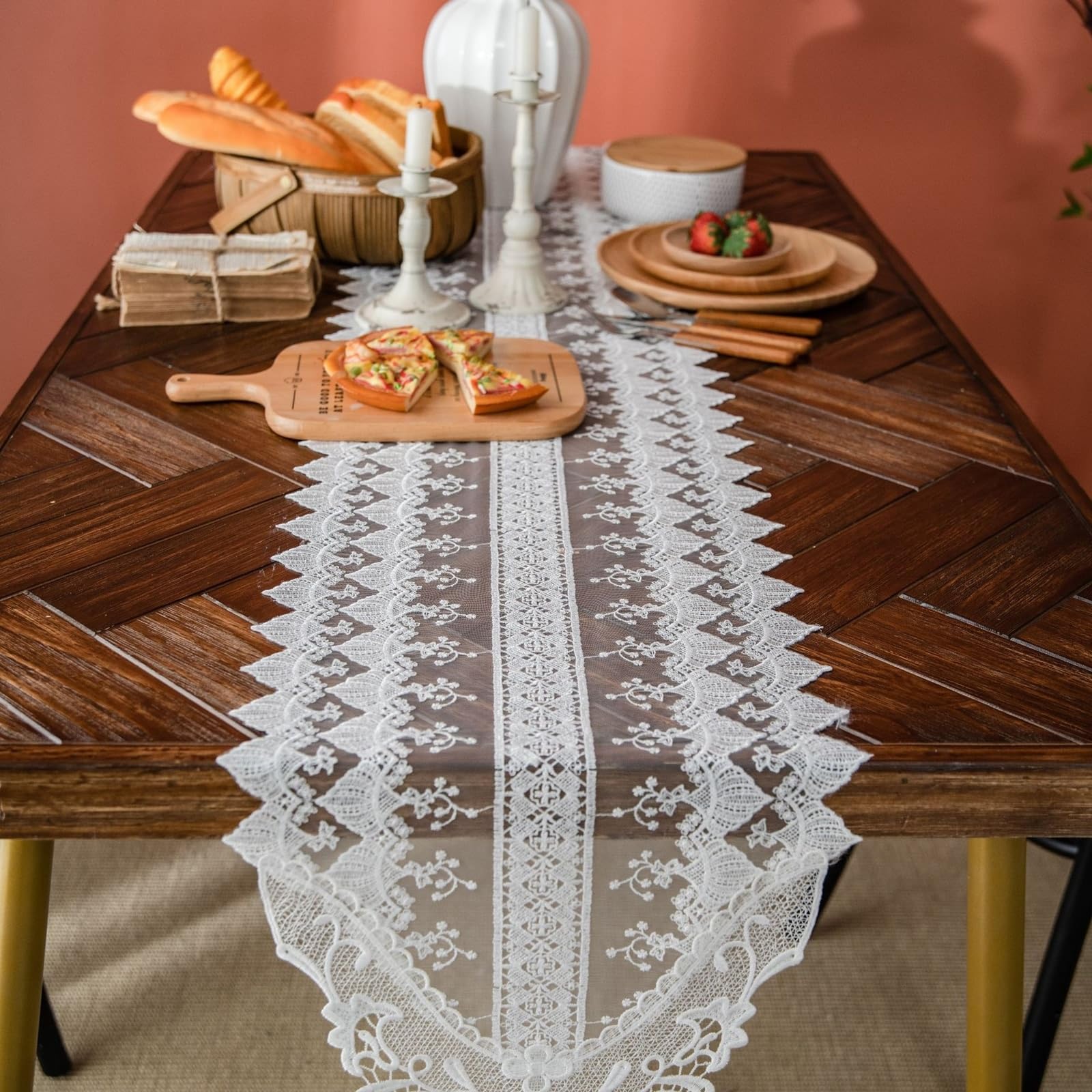 Bieżniki 35 x 310 cm, koronka, haftowana z kwiatowym wzorem, bieżnik na stół, bieżnik na stół, bieżnik na stół, bieżnik w stylu wiejskim, do jadalni, na imprezę i urlop, biały