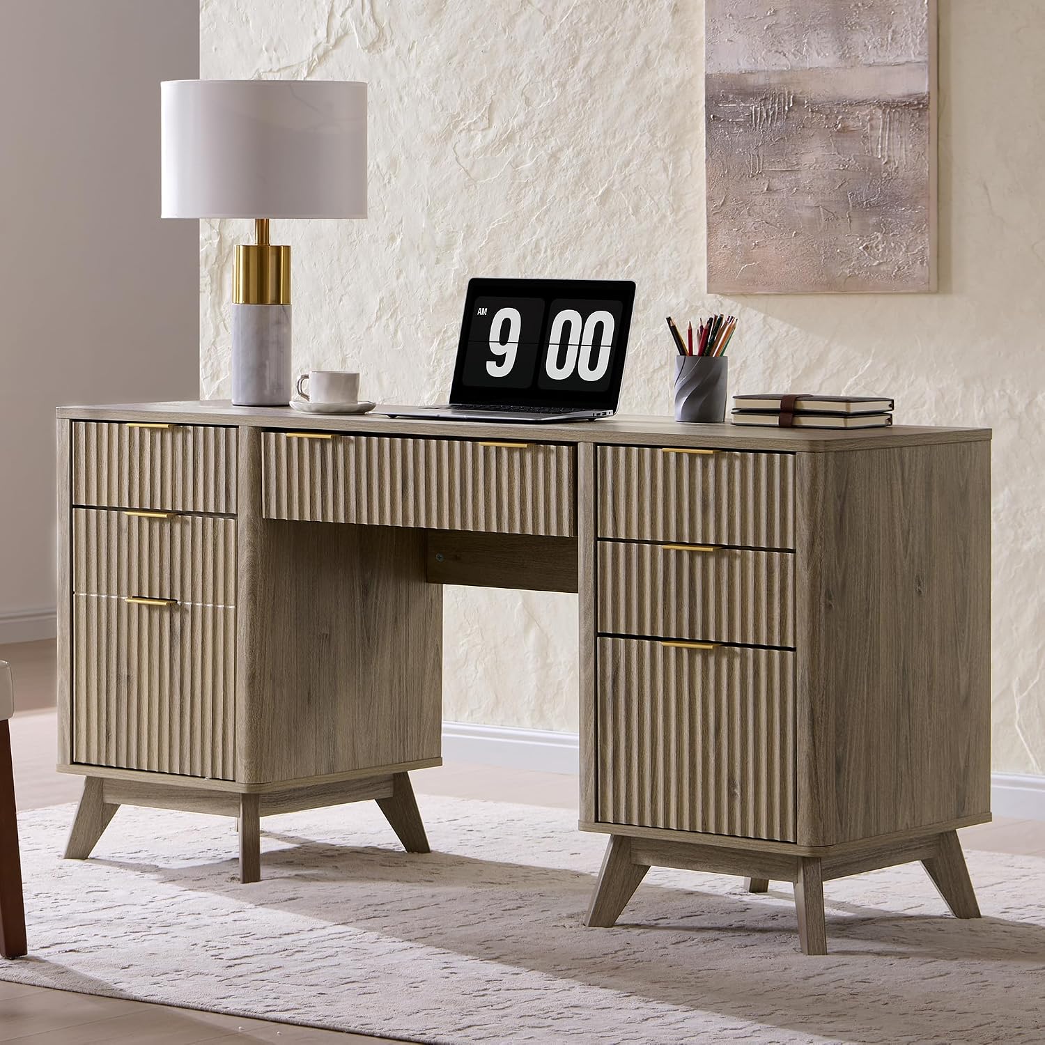 T4TREAM 60" Modern Fluted Executive Desk with Drawers, Alder Grey