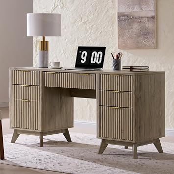 T4TREAM 60" Modern Fluted Executive Desk with Drawers, Alder Grey | Charging Station, File Cabinet, Keyboard Tray, Storage Cabinet, Organized Workspace for Home, Office