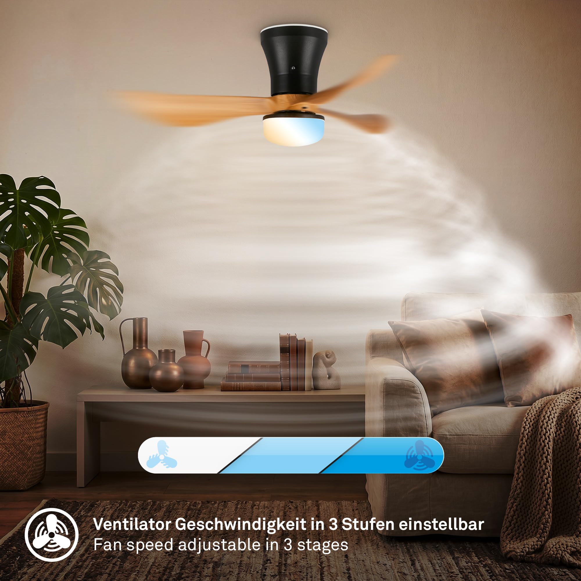 BRILONER - LED Deckenventilator mit Beleuchtung, Fernbedienung, Leiser DC-Motor, 3 Geschwindigkeiten, CCT, Dimmbar, Lampe mit Ventilator, Ventilator Deckenleuchte, Deckenlampe, 78x26 cm, Schwarz-Holz