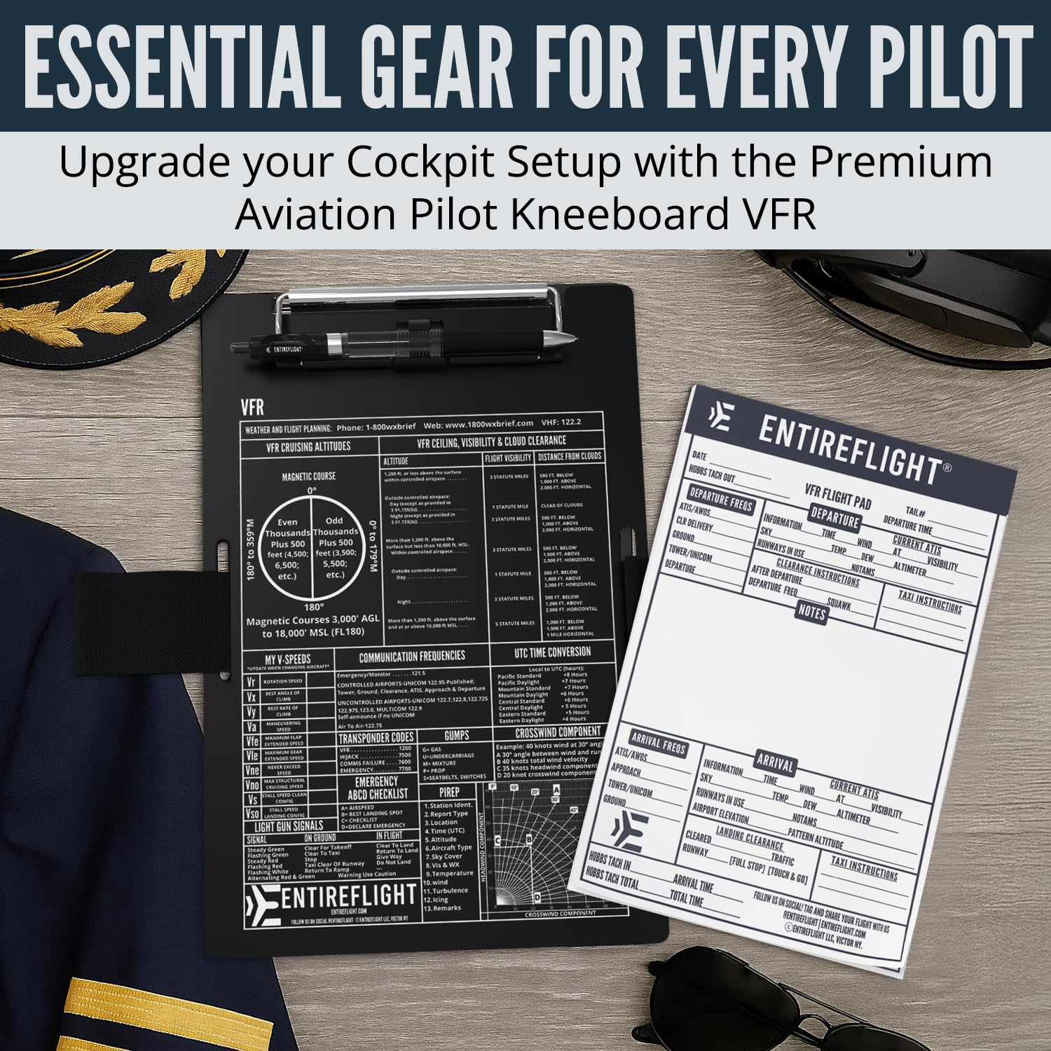 EntireFlight Aviation Pilot Kneeboard VFR nero con blocco note strutturato – Premium Pilot Gear & Flight Bag Accessory-Airplane Grade Aluminum-Elastic Knee Board Strap & Pen-Box inclusi per i piloti