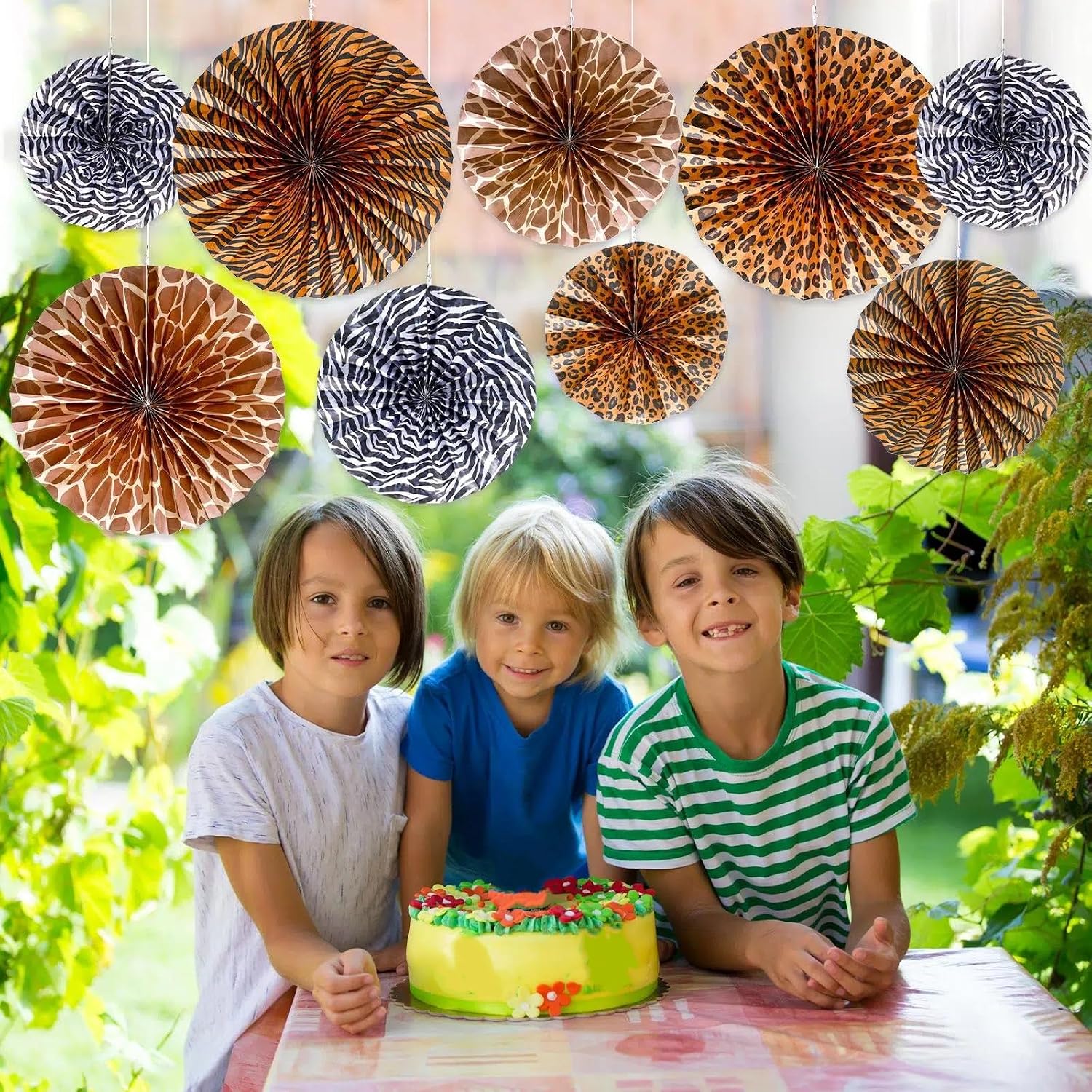 Outus 9 Pcs Animal Print Hanging Paper Fans Decorations Safari Theme Paper Fan Classroom Decoration Jungle Animal Ceiling Wall Garland for Safari Wild Zoo Baby Shower Birthday Party Supplies Decor