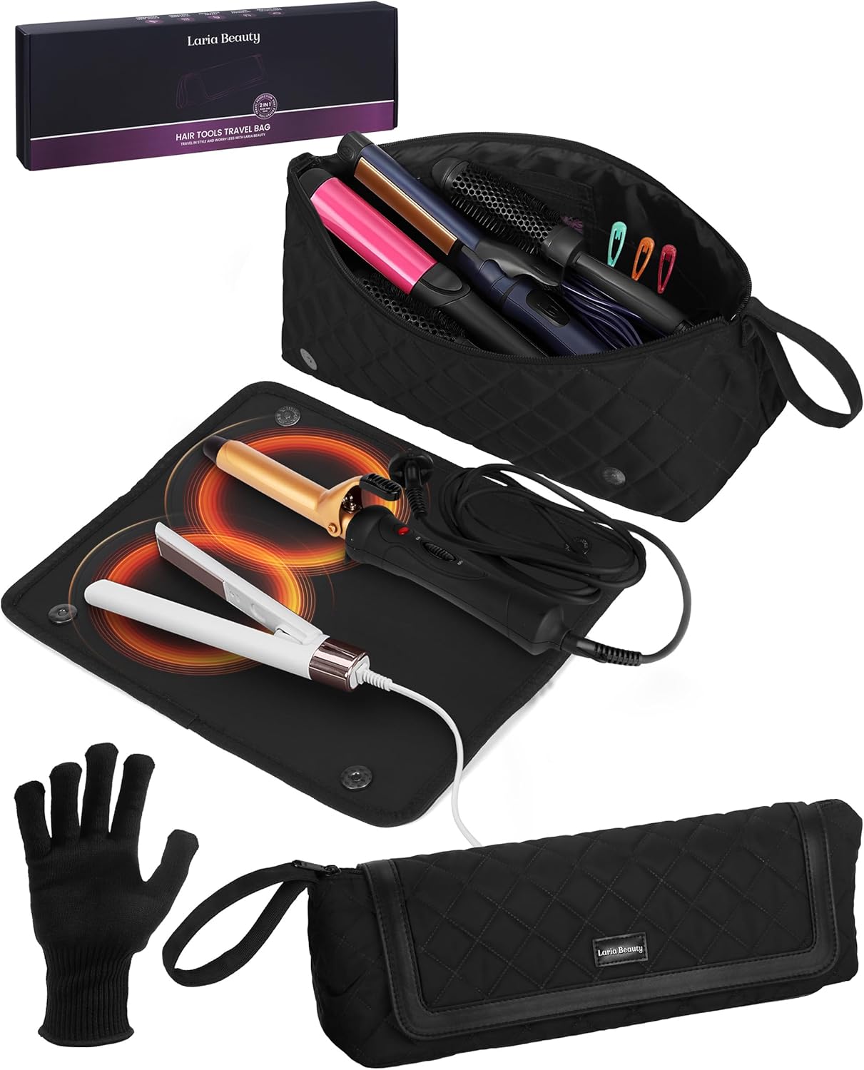 2-in-1 Hot Hair Tools Travel Bag, Removable Heat-Resistant Silicone Mat, Clear Pockets for Accessories, Protects Surfaces from Burns, Ideal for Curling & Flat Irons, Includes Heat-Resistant Glove Black - Jet Luxe