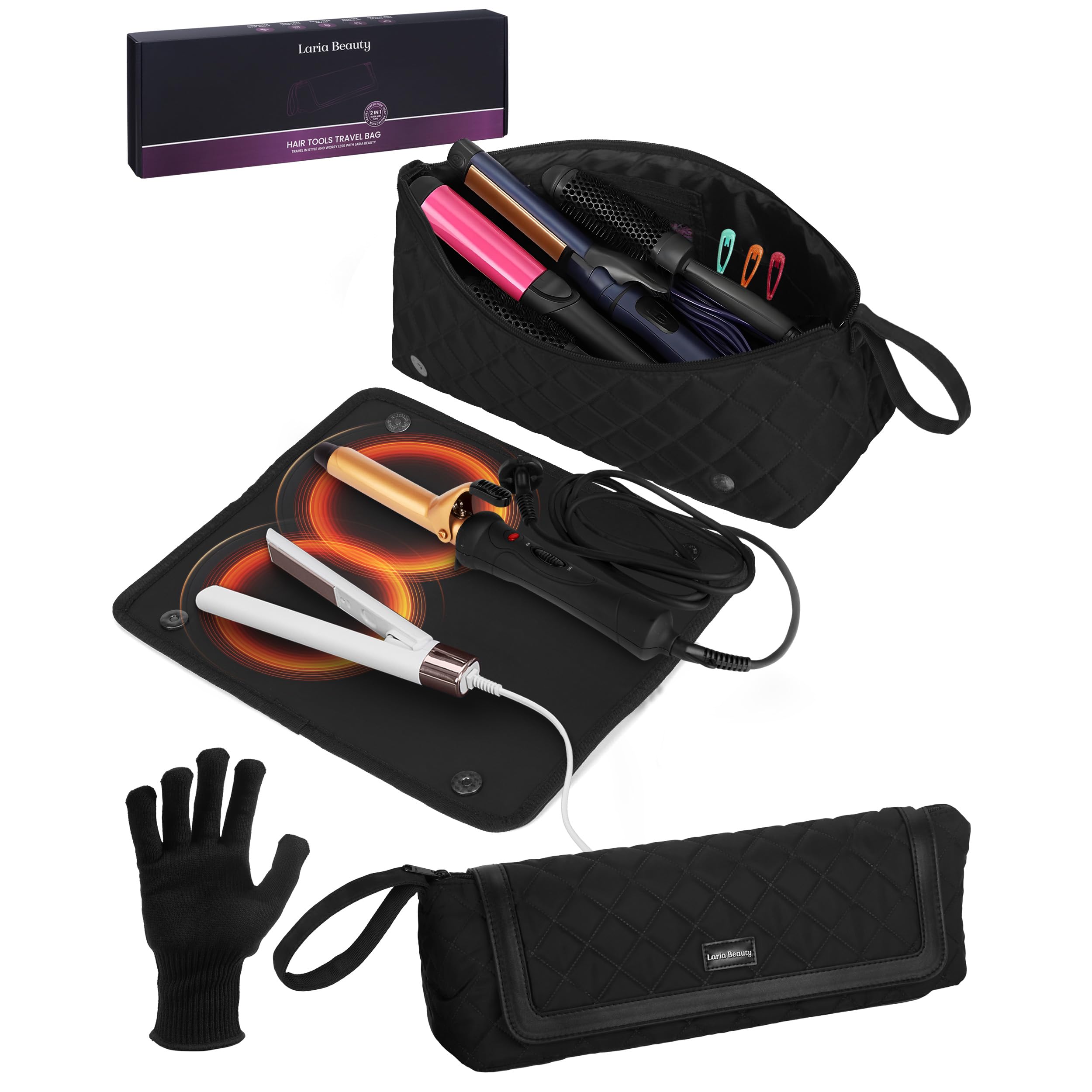 2-in-1 Hot Hair Tools Travel Bag, Removable Heat-Resistant Silicone Mat, Clear Pockets for Accessories, Protects Surfaces from Burns, Ideal for