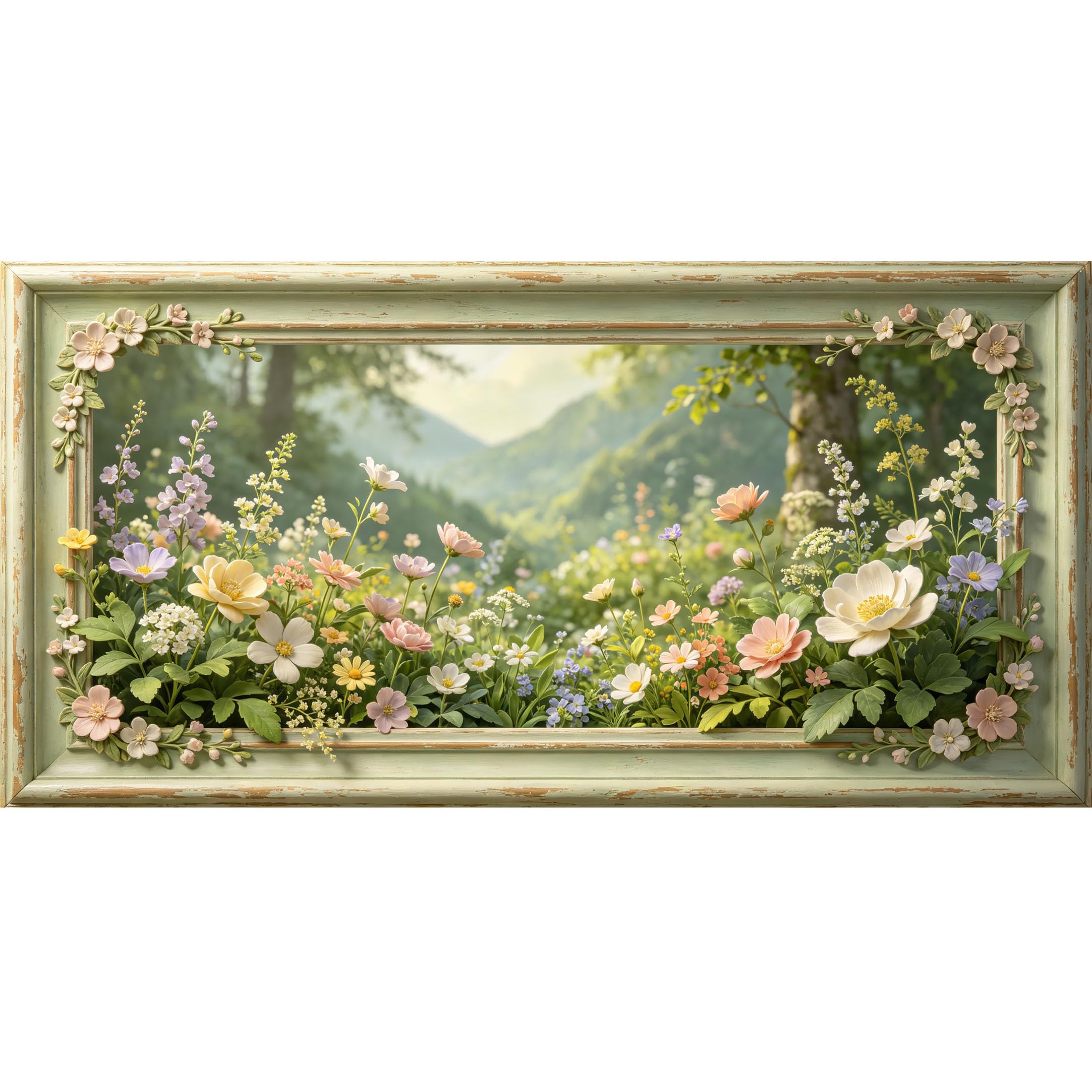 Agglomerix 3D Framed Wall Art Wildflowers Meadow Mountain Landscape Botanical Relief Effect Large Size SelfAdhesive Removable Wall Decor Prints Artwork for Living Room Bedroom Office