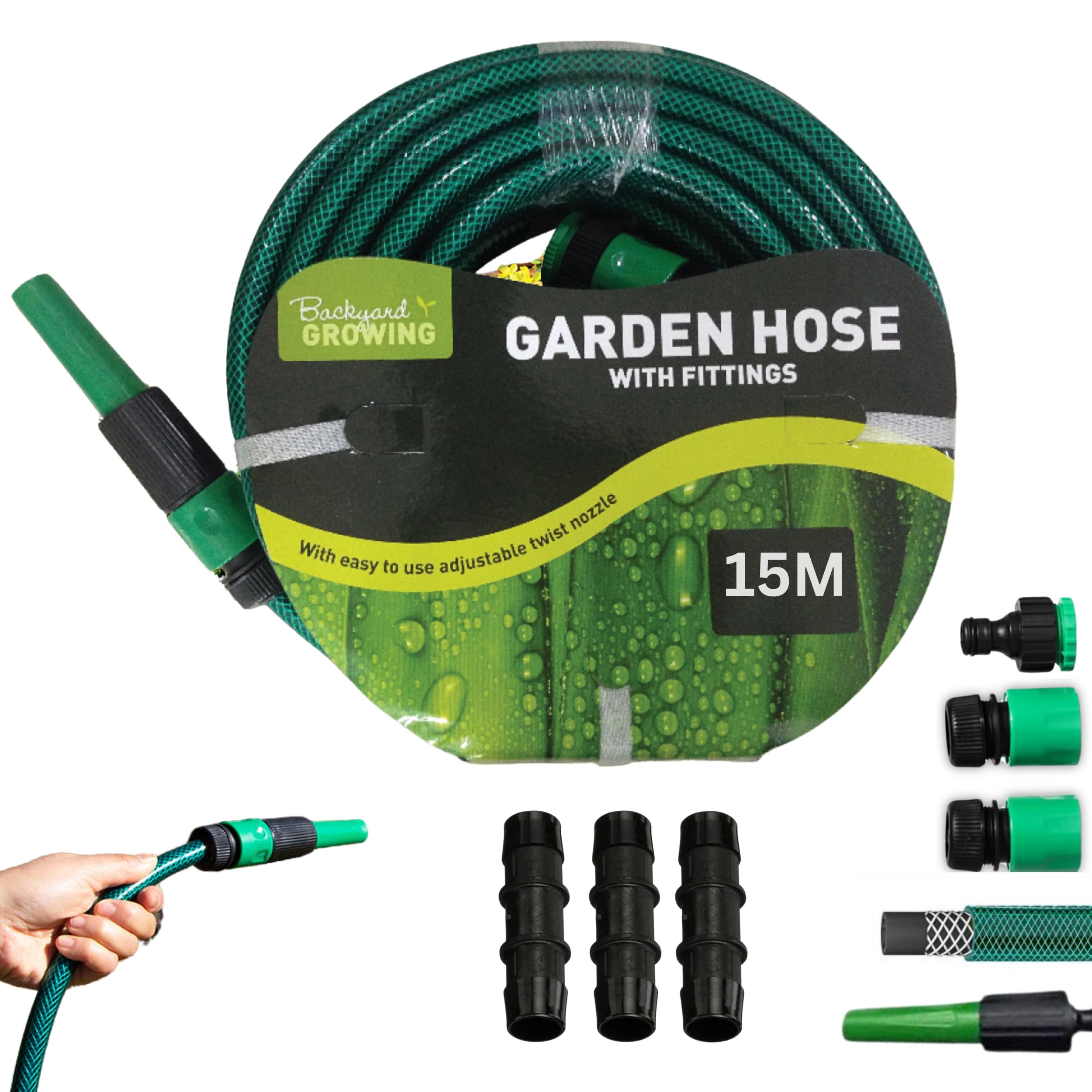 Garden Hose Set 15-Meter with Connectors and Sprayer, 50ft Flexible Water Hose, Durable, No-Kink (15 Meter Set)