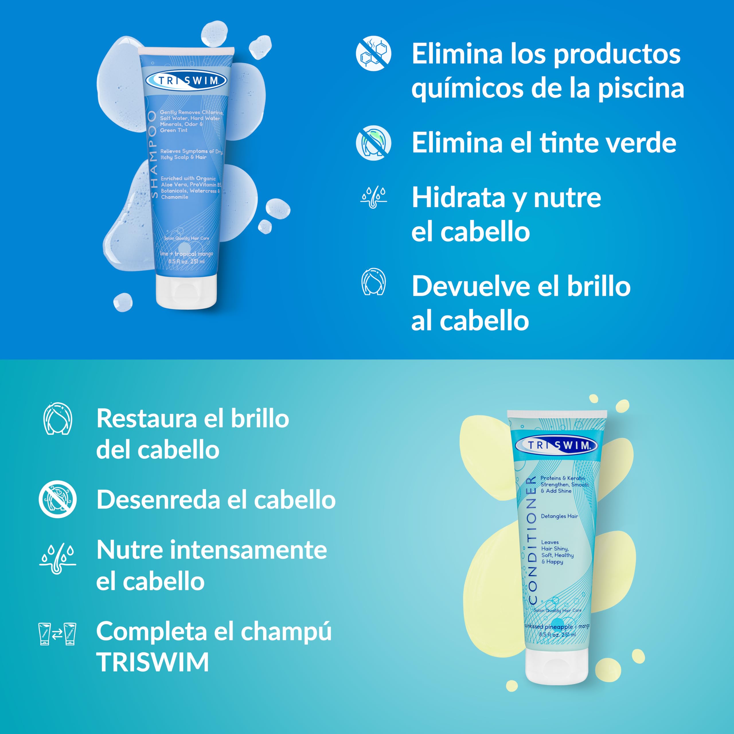 TRISWIM - Lote de champú y acondicionador para después de nadar, tratamiento capilar anticloro para nadadores, elimina el tinte verde, vegano y libre de crueldad animal (251+250 ml)