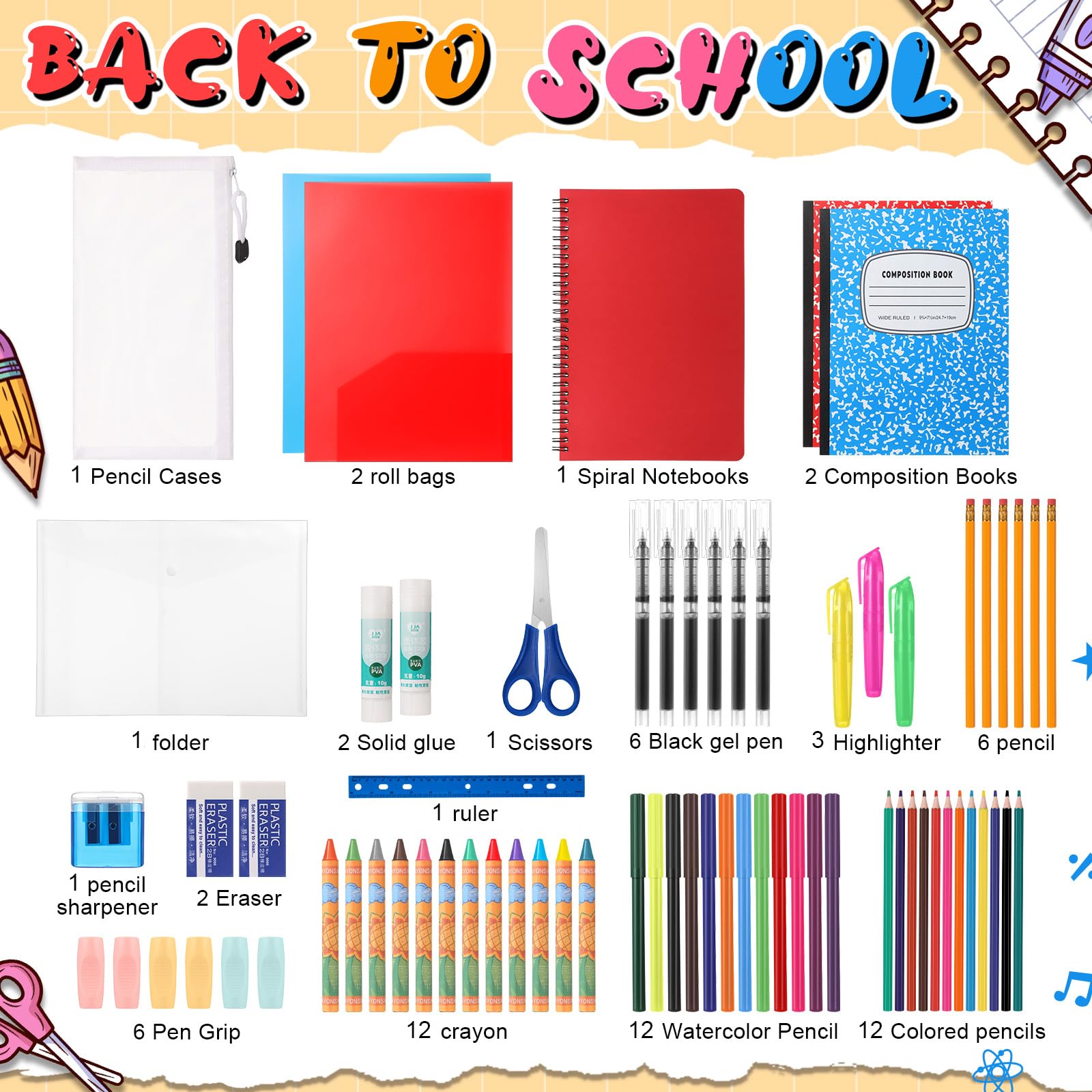 Gilprop 39 pezzi Back to Supplies Essentials Bundle include matite, forbici, righello, gomma, temperamatite, quaderno, astuccio, cartella notebook (multicolore)