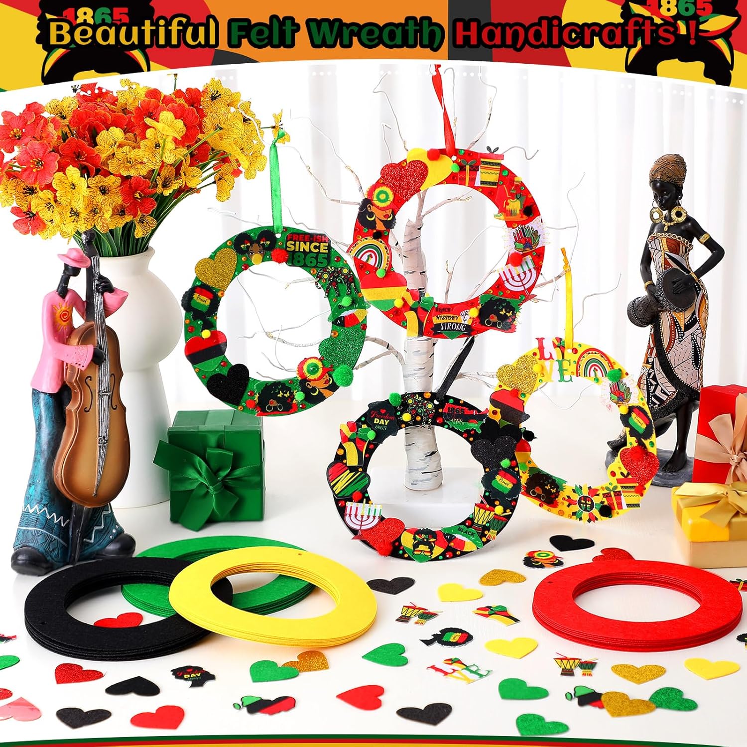 472 Pcs Juneteenth Craft Kits Juneteenth Day DIY Wreath Craft African American Arts Wreath with Heart Candle Drum Sticker Decor for June 19th Freedom Memorial Independence Day Indoor Outdoor Decor