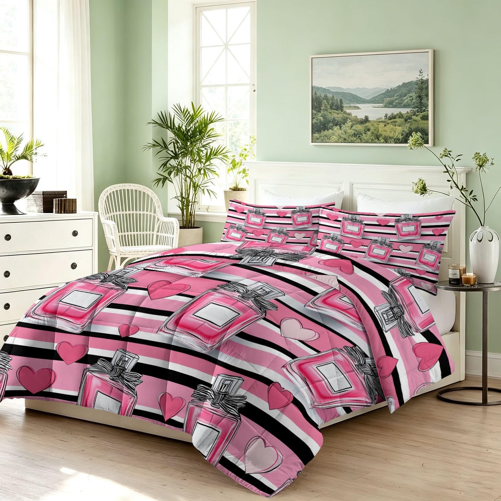 Générique Kołdra 220x240 cm Butelka perfum w paski z sercem, kołdra z nadrukiem dwustronnym, 4 pory roku 2 osoby w pralce, francuska szykowna miękka kołdra lekka i 2 poszewki na poduszki 65x65