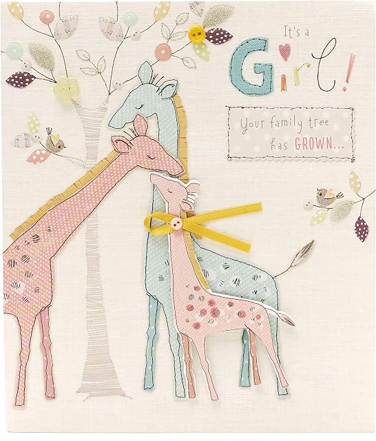 New Baby Girl Card - Congratulations Baby Card - Adorable Embroidery Giraffe Design