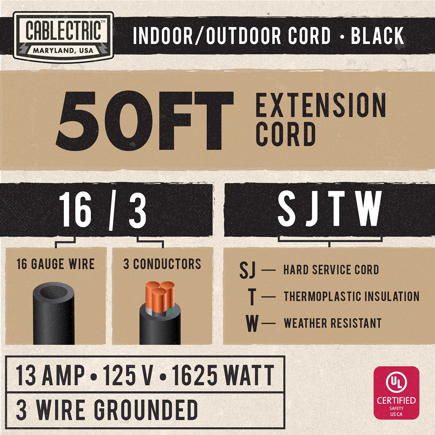 Cable de extensión para exteriores de 50 pies – 16/3 SJTW negro calibre 16 con enchufe de tierra de 3 clavijas