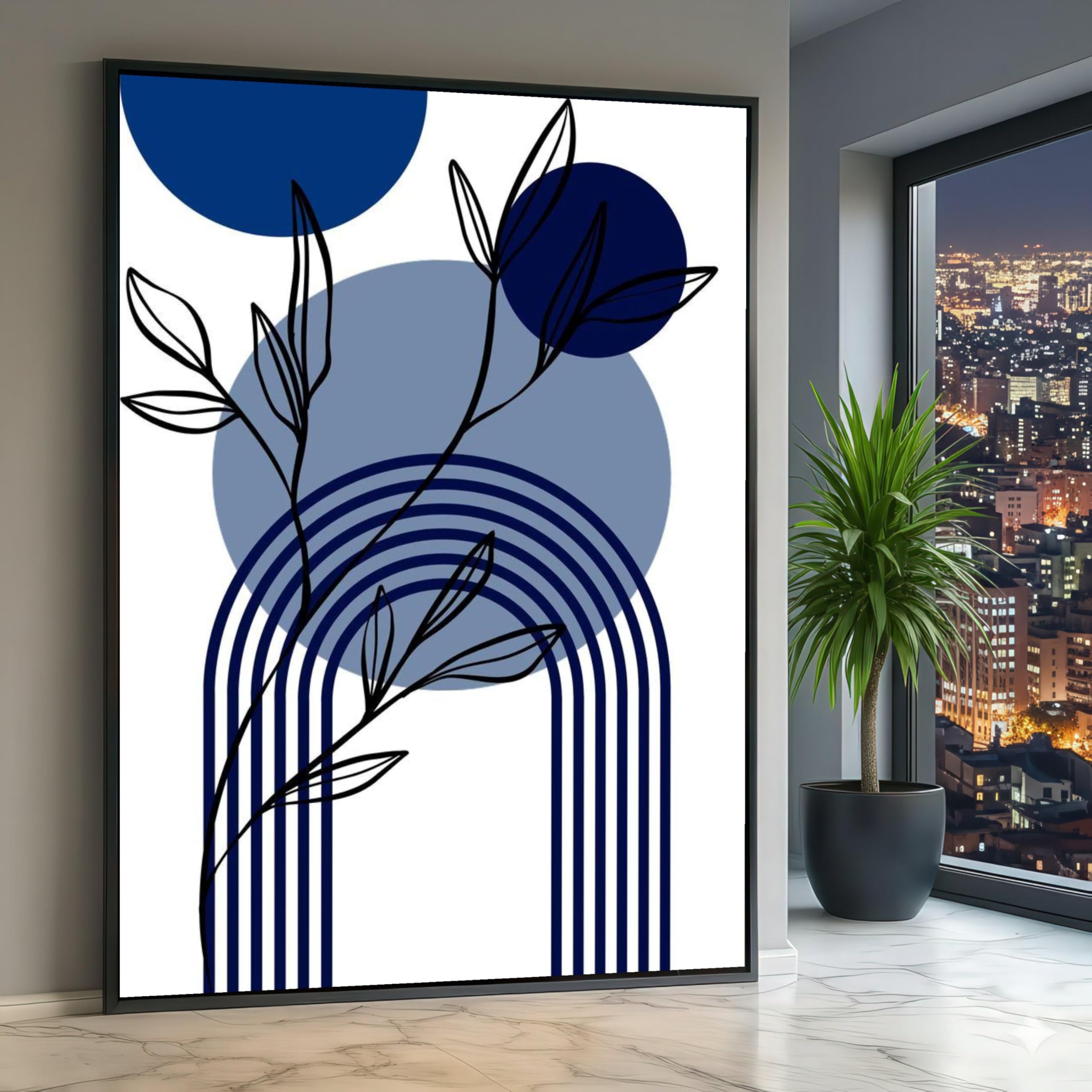 LMYCHENG Blue Abstract Arch Canvas Print, Minimalist Leaf Silhouette Painting, Geometric Wall Art for Living Room, Home Decor(50x75cm/Internal Frame)