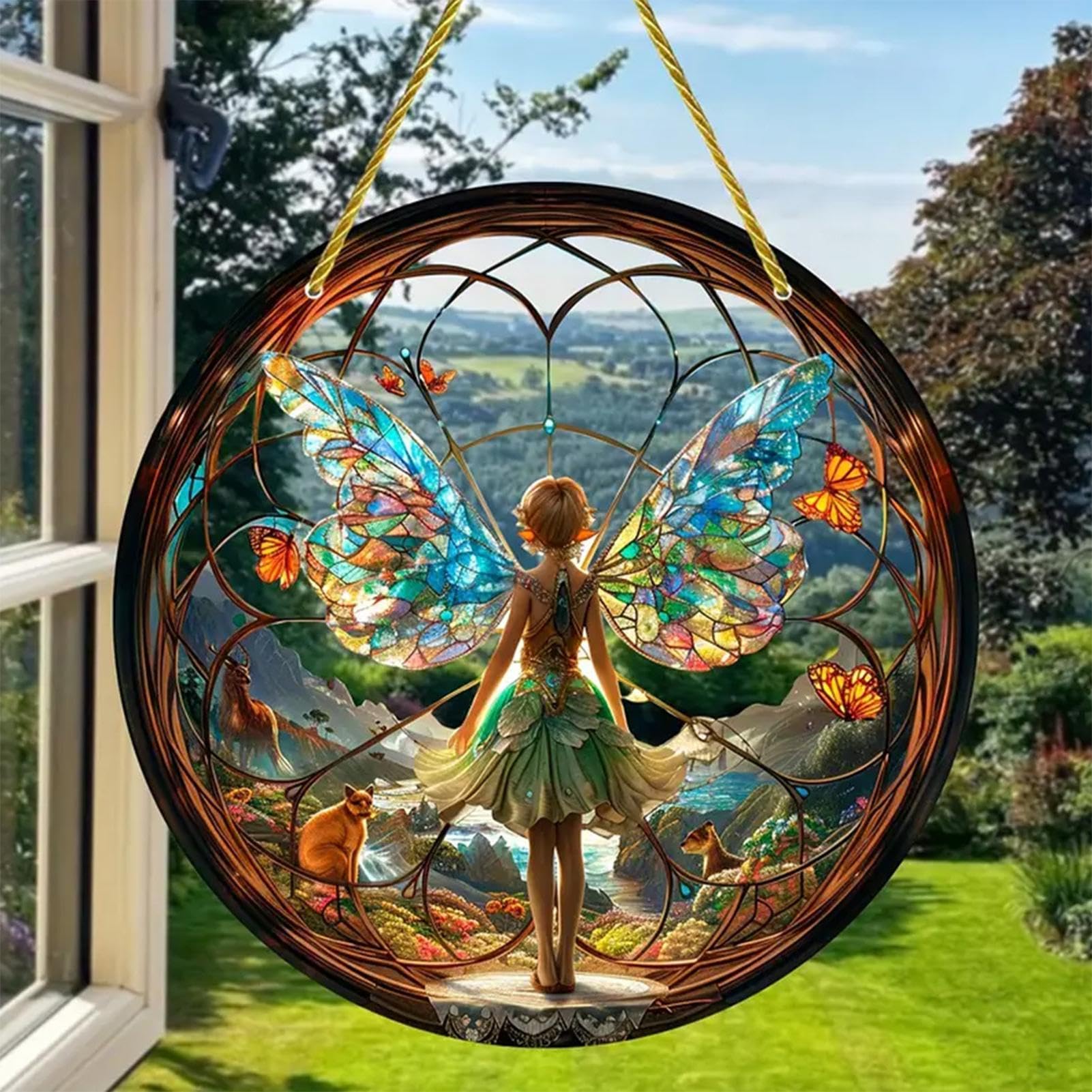 Fairy Hanging Window Decor Pendant, Round Fairy Suncatchers For Crafts, Stained Acrylic Window Decor, Flower Fairy Acrylic Window Hanging, Colourful Window Pendant Ornament