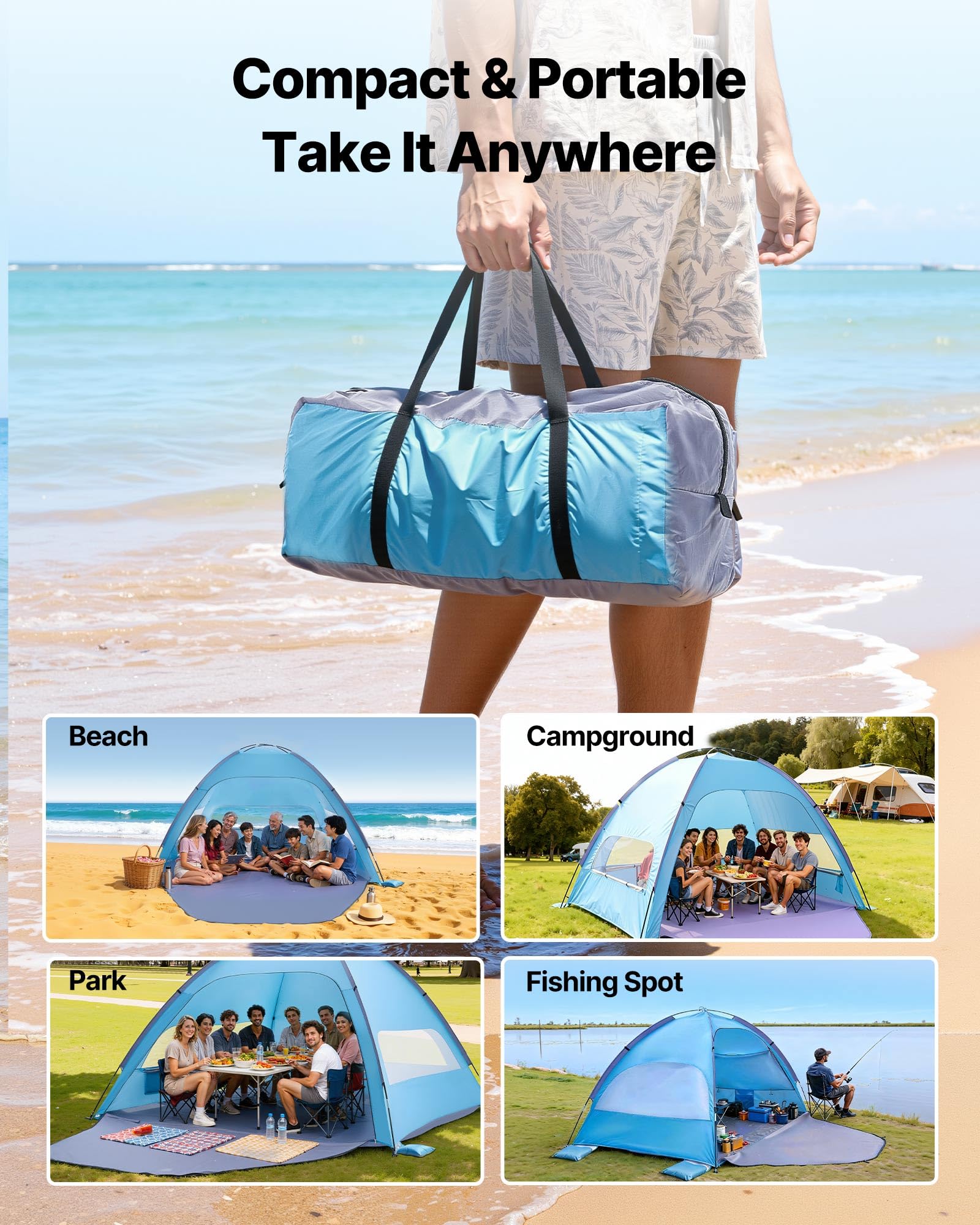 VEVOR Tente de Plage 8 Personnes Anti-UV UPF 50+ Abri Soleil Portable avec Sac de Transport