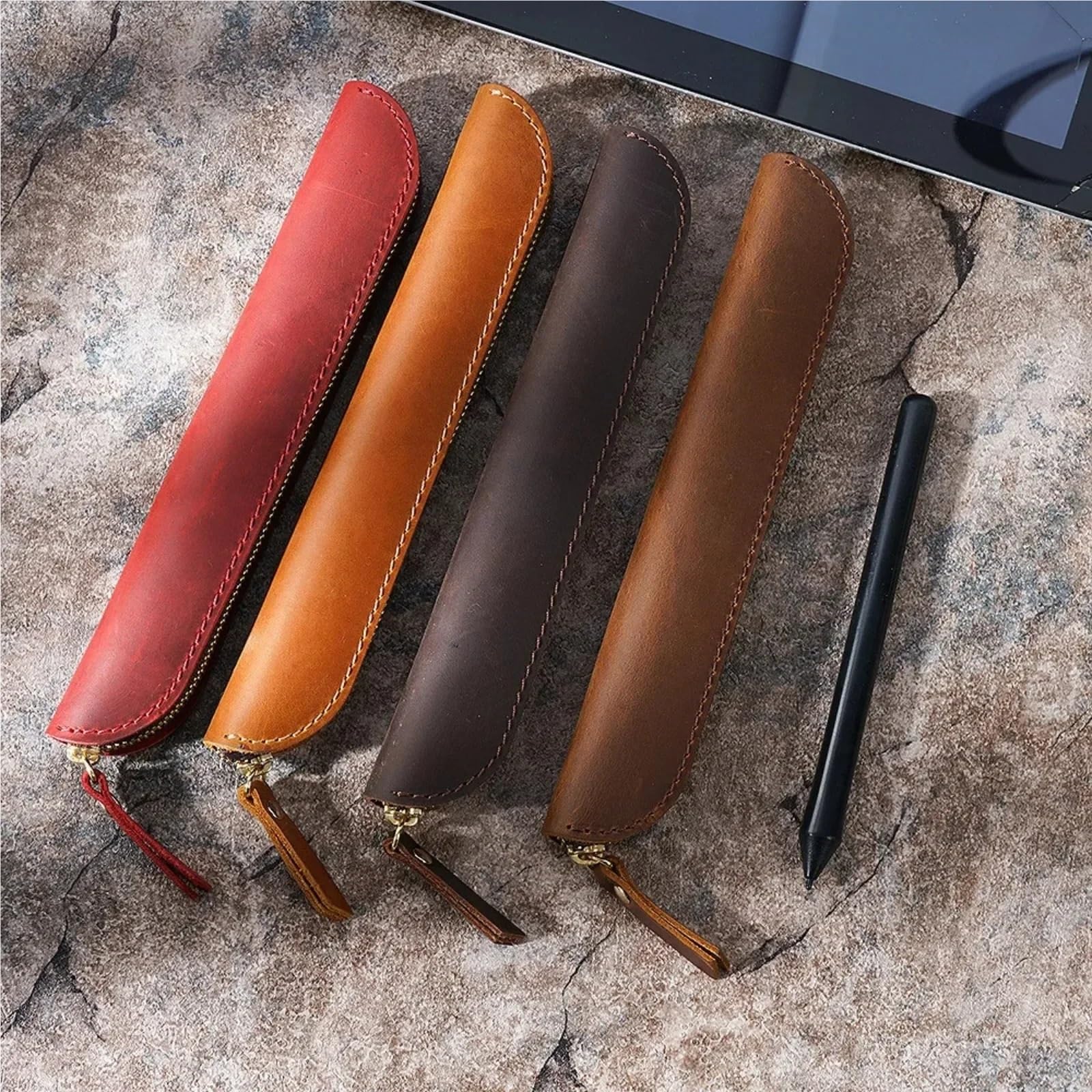 Vintage skóra bydlęca klips na długopis etui zapinane zamek artykuły biurowe skórzany pojemnik ołówki do szkolnego biura podróżnego lodówka tablica(Brown,32pcs)