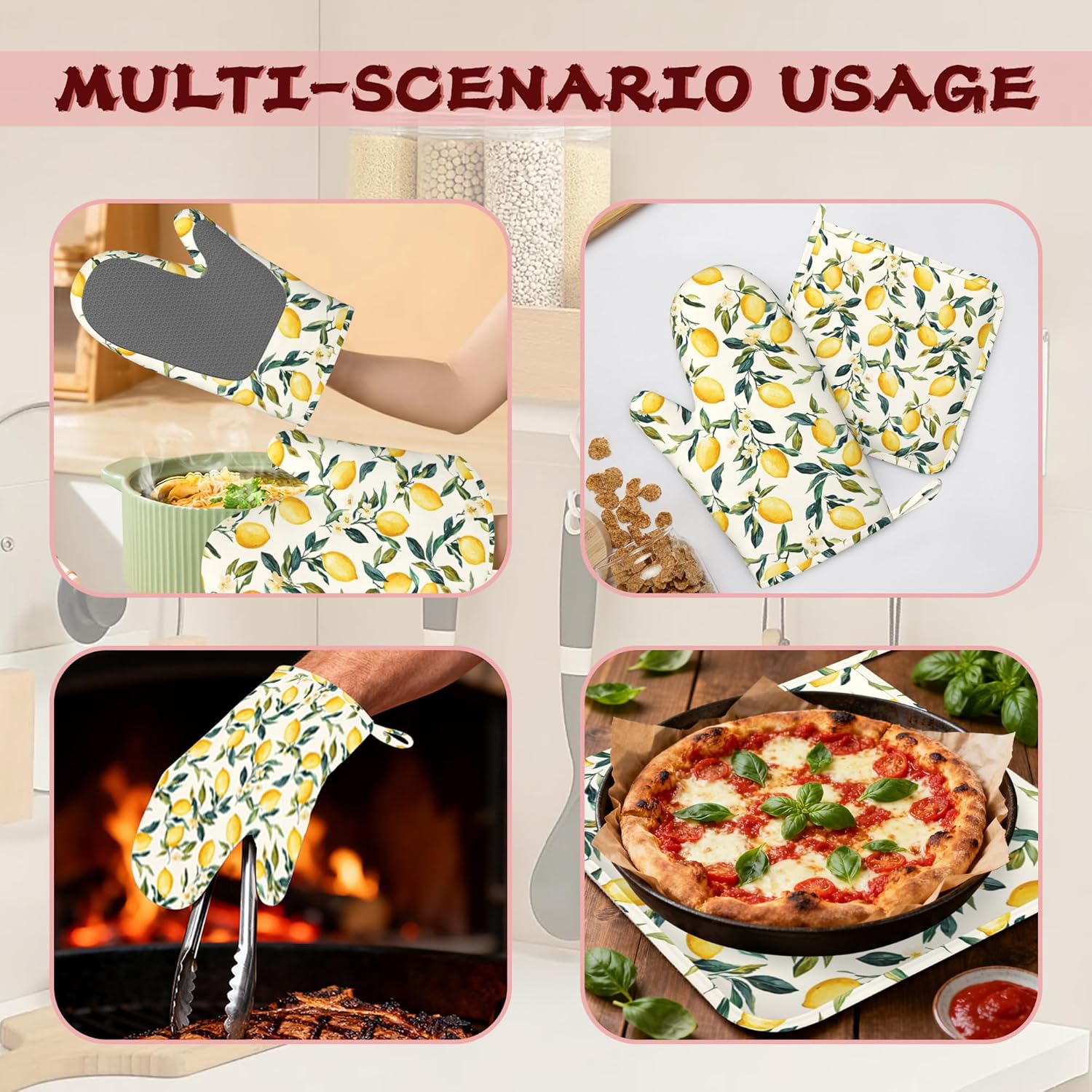 Retro Lemon Floral Silicone Oven Mitts and Pot Holders,Heat-Resistant 4 Piece Kitchen Set Non-Slip Oven Gloves and Hot Pads for Cooking, Baking, Grilling,BBQ