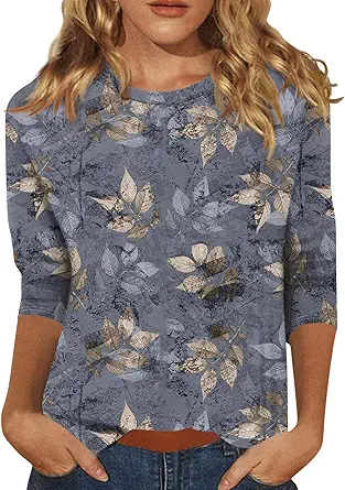 HTHLVMD Womens 3/4 Length Sleeve Tops 2025 Fall Fashion Floral Print Crewneck Causal Trendy Tunic Tops for Women