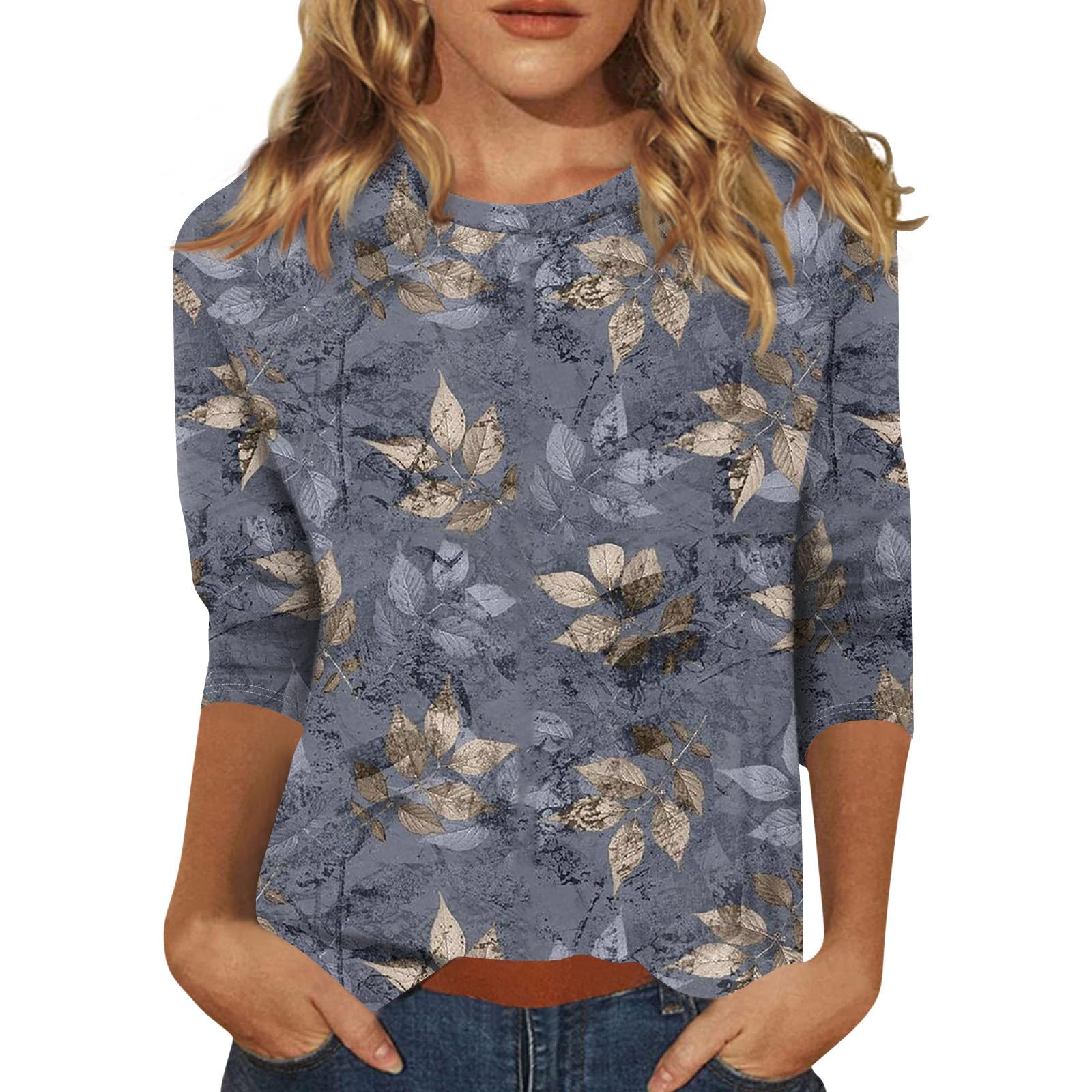 Shirts for Women Summer 3/4 Sleeve Crew Neck Floral Blouse Womens Tops Dressy Casual T-Shirt Painted Graphic Tees