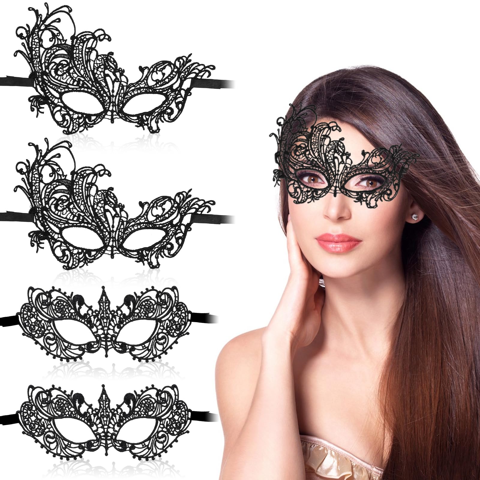 4Pcs Black Masquerade Lace Mask, Women Lace Eye Masks for Venetian Masquerade Party Costume Party Halloween Carnival Ball Proms