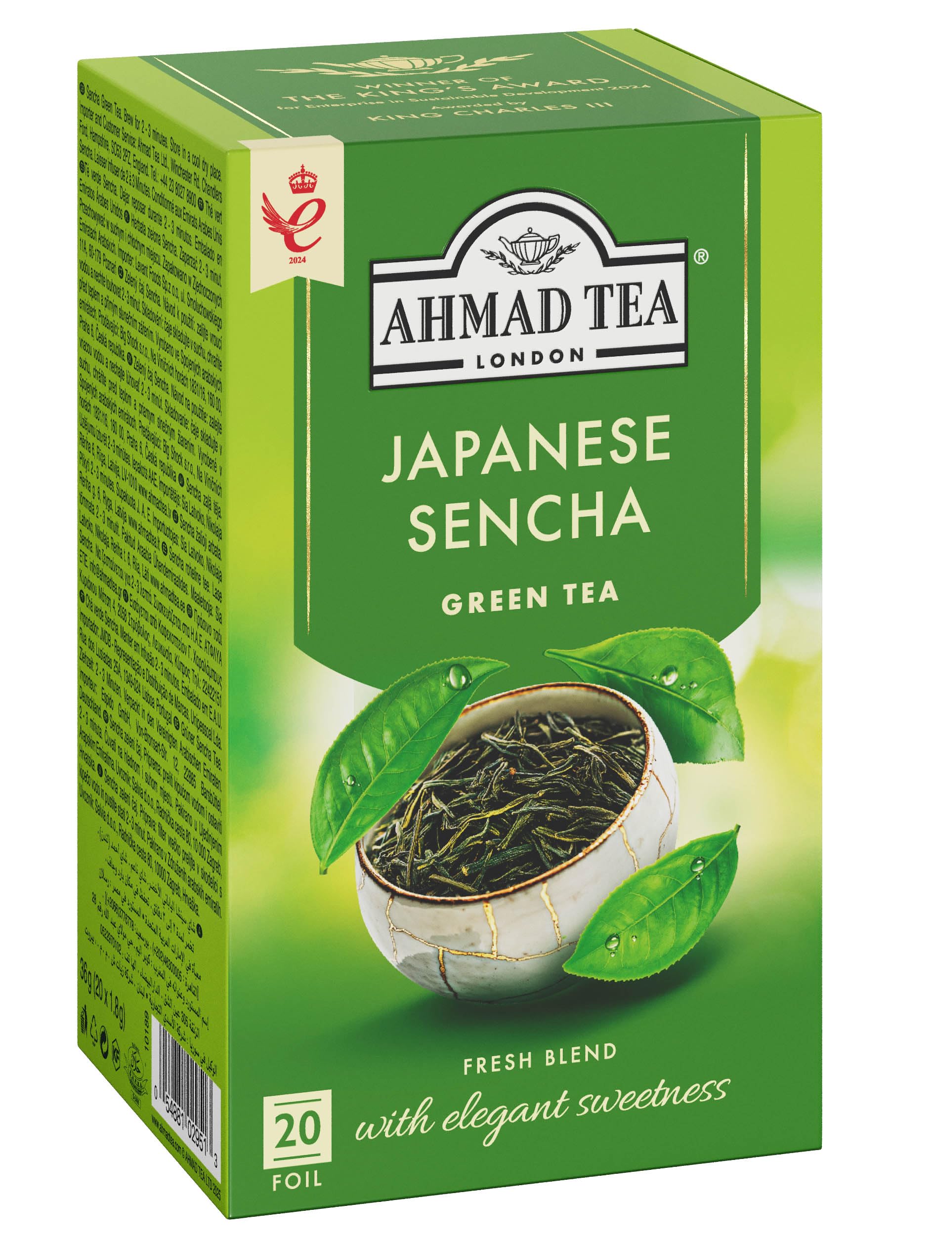 Ahmad Tea Japanese Sencha - Te verde con hojas tradicionales - Bolsitas de te selladas individualmente con 1,8 g de te por porcion - 20 bolsitas de te (paquete de 1)