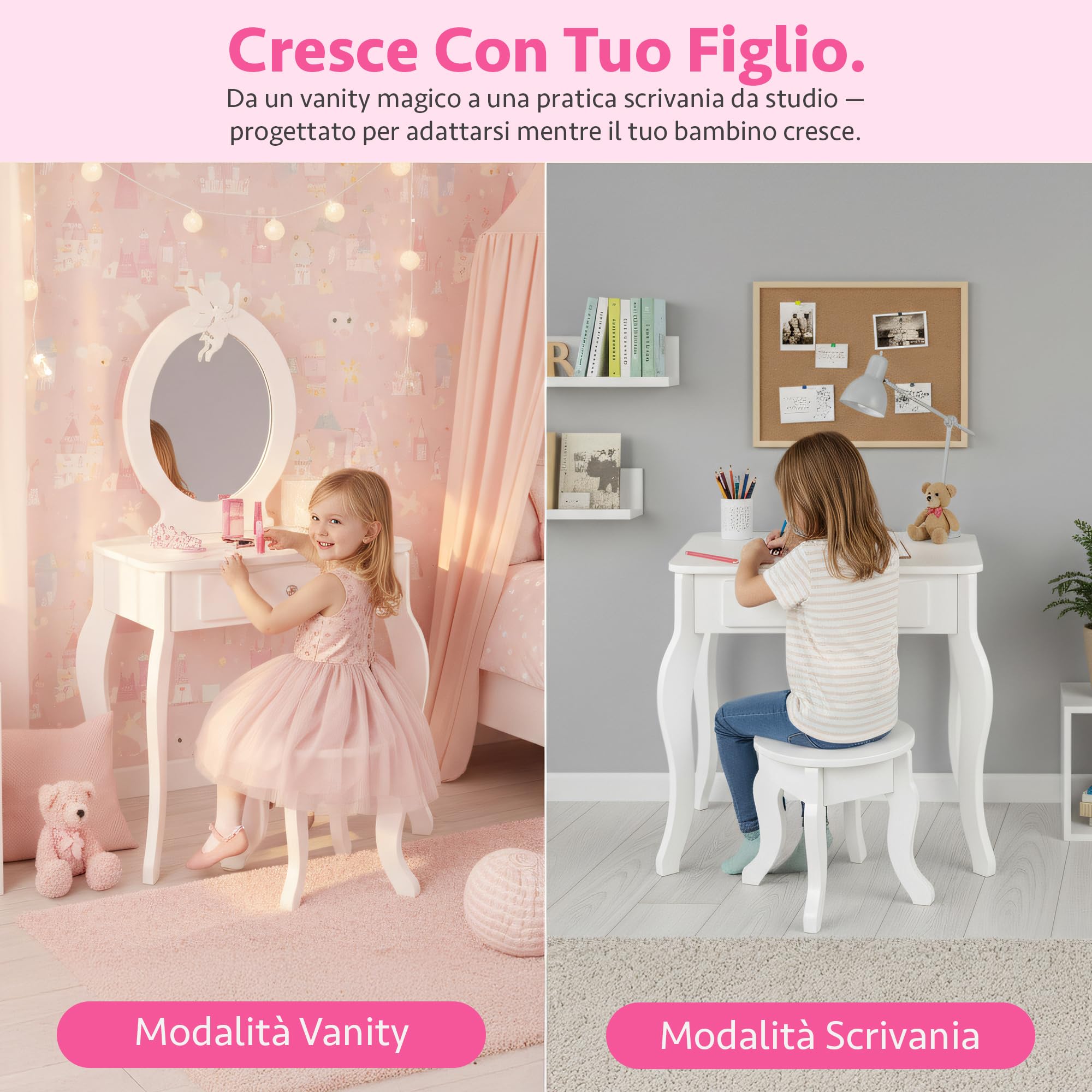 Green series Tavolo da toeletta per bambini in legno con specchio e sgabello, tavolo da toalet con cassetto e adesivi, per bambini, in legno, per la cameretta dei bambini, idea regalo per ragazze