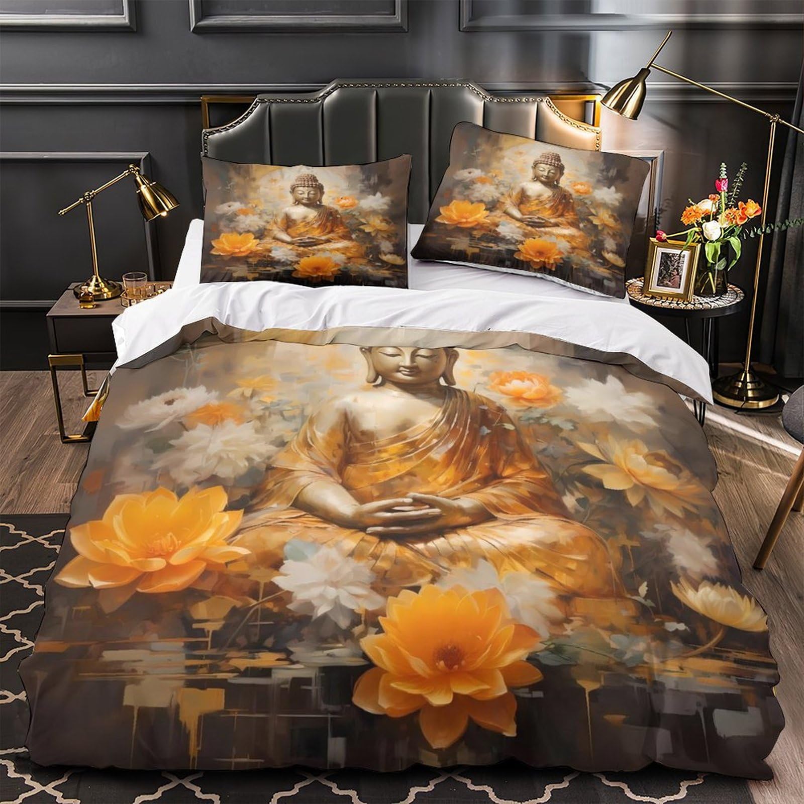 Housse de couette Bouddha 3D hypoallergénique en microfibre douce avec fermeture éclair solide