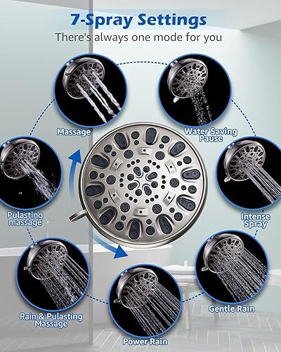 Miniatura 2 de Cabezal de ducha de alta presión fijo de 4.7 pulgadas, 7 ajustes de pulverización con junta de bola giratoria de latón ajustable, excelente