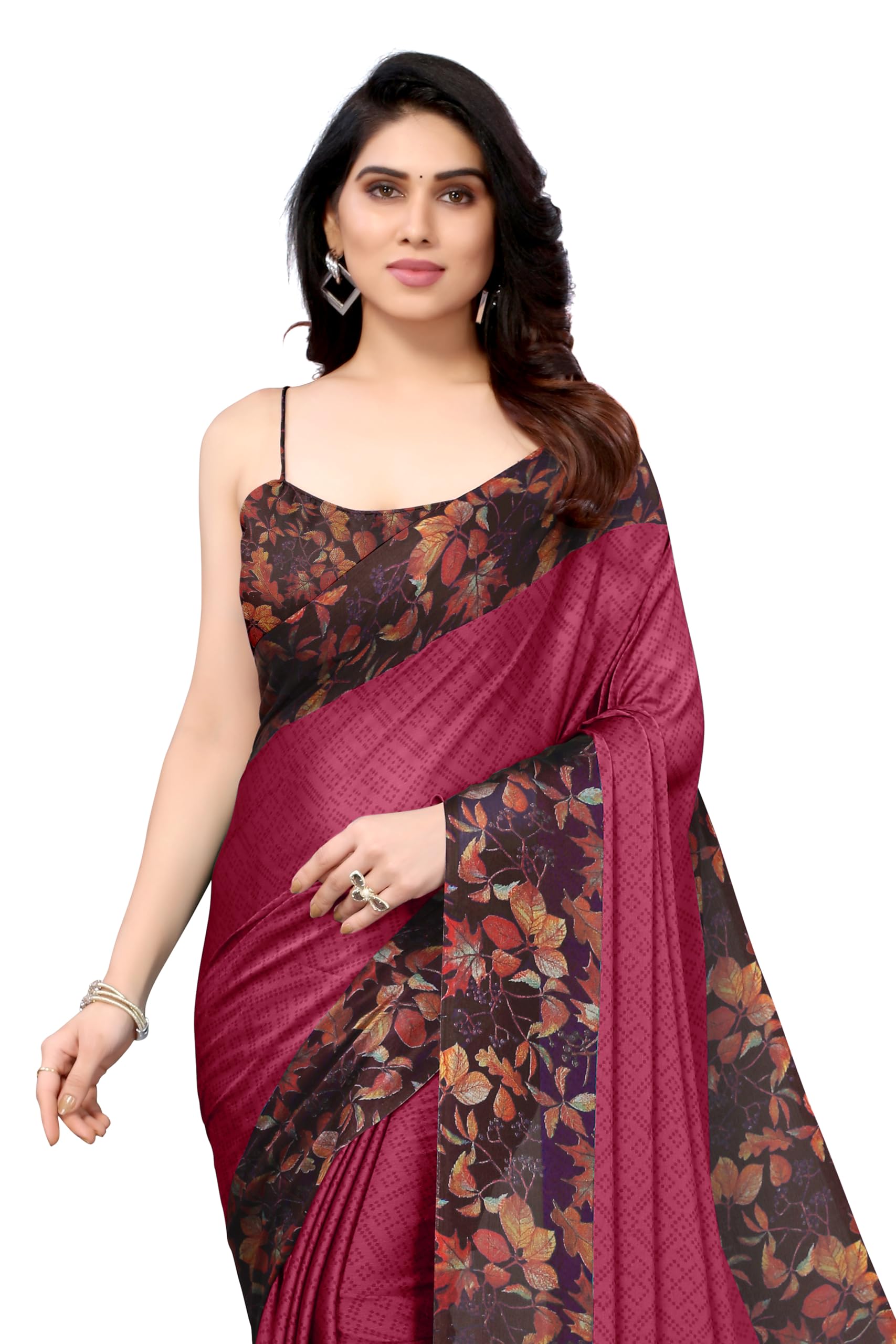mirchi fashion Women's Stylish Chiffon Geometric and Botanical Leaf Printed Saree with Blouse Piece-picture-37
