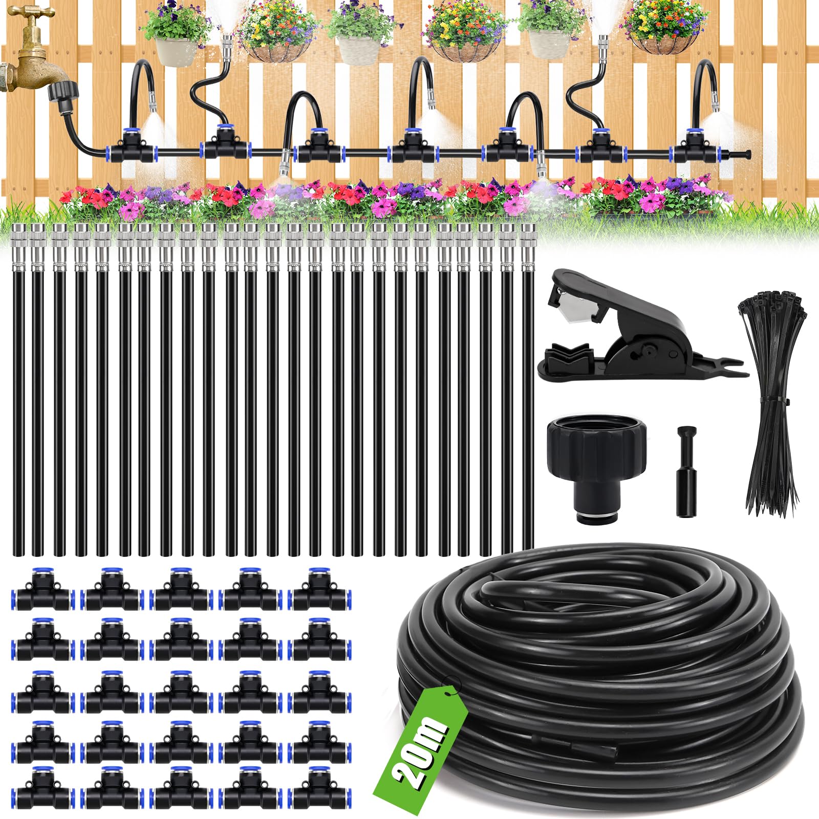 Bewässerungssystem Garten bewässerung 20M Gartenbewässerungssysteme Tropfbewässerungssystem gewächshaus, 25 Directional Brass Spray Nozzles für Outdoor-Nebelkühlsystem, Landschaft, Pflanzen