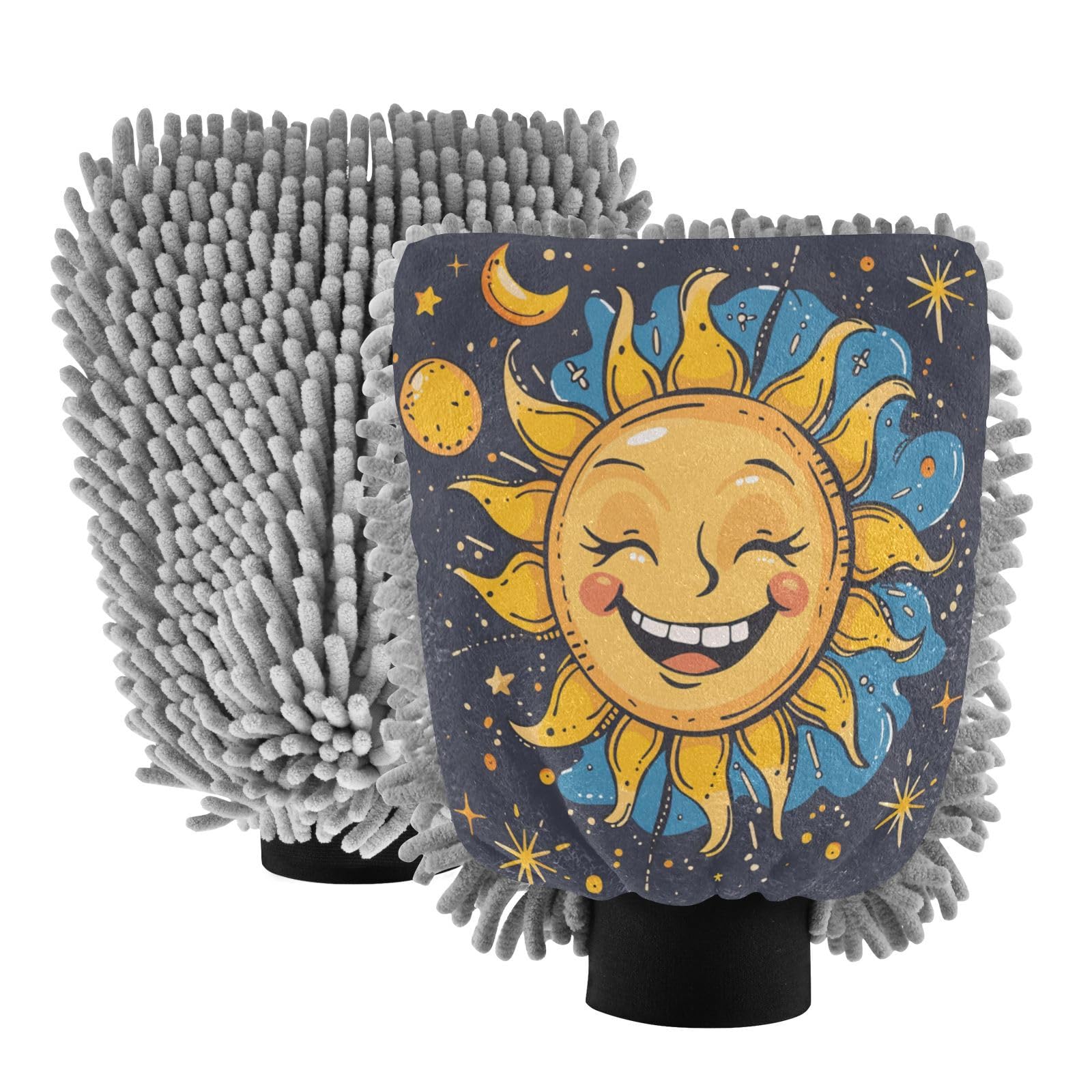 ALAZA Sun Moon Star Cartoon Funny Car Wash Mitt Scratch Free, 2 Pack Absorbent Microfiber/Chenille Washing & Drying Mitts, M