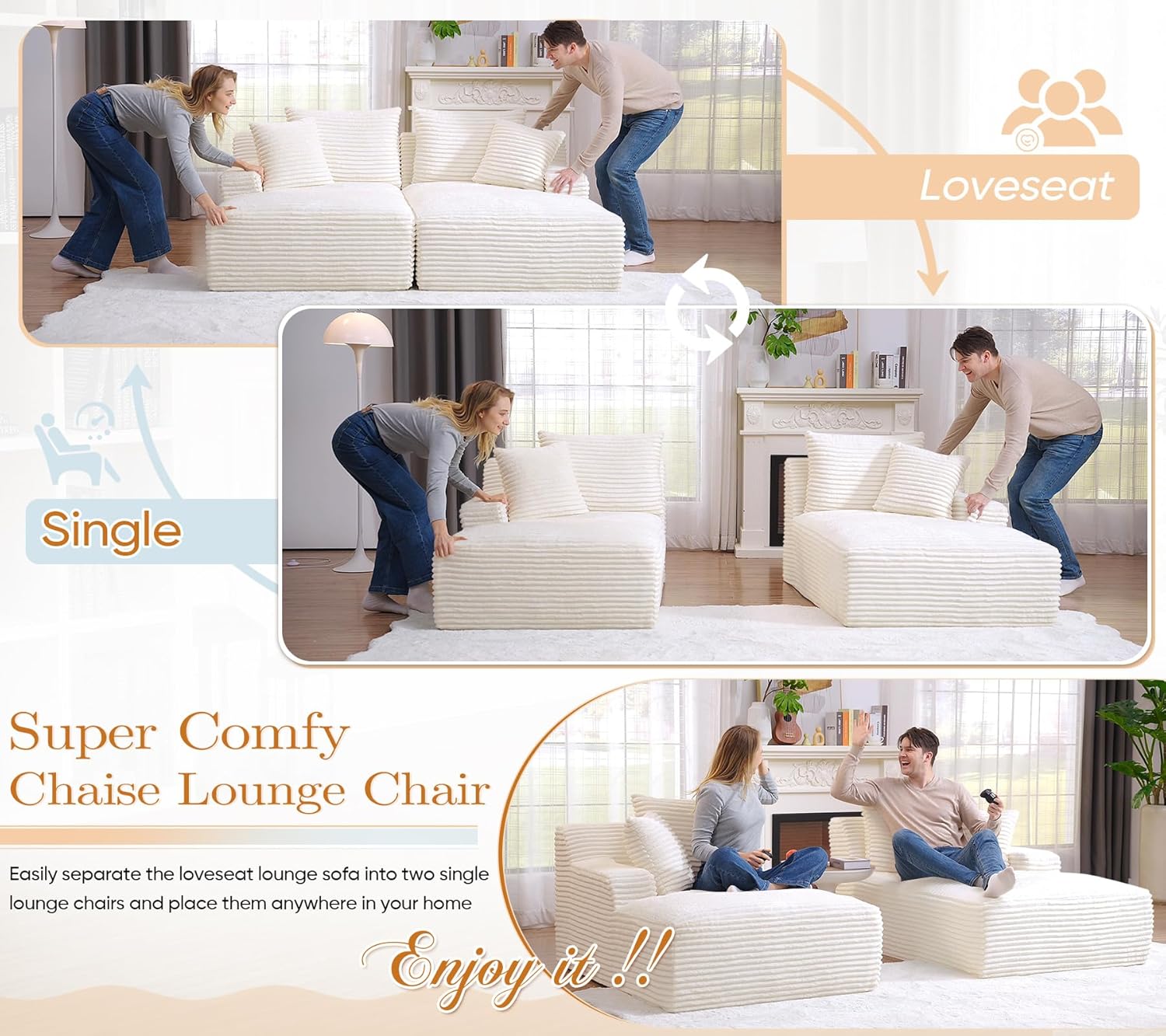 Oversized Chaise Lounge Chair Indoor, Modern 78-inch Upholstered Corduroy Love Seat Sofa Bed with 4 Throw Pillows and Armrests, Double Modular Sleeper Sofa Couch for Living Room Bedroom, Beige