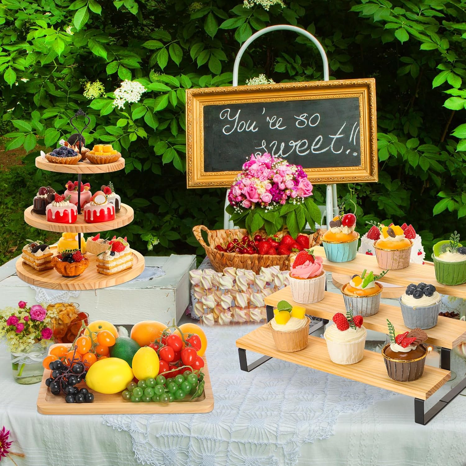 5 Pcs Wooden Cupcake Stand Set 3 Tiered Display Shelf Round Rotatable Cupcake Stand Cake Tower Wood Rectangle Cake Tray for Dessert Table, Festivals, Wedding Party(Light Color)